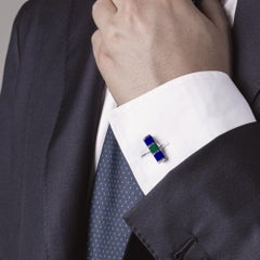 Alex Jona Blue Green Enamel Sterling Silver Bar Cufflinks