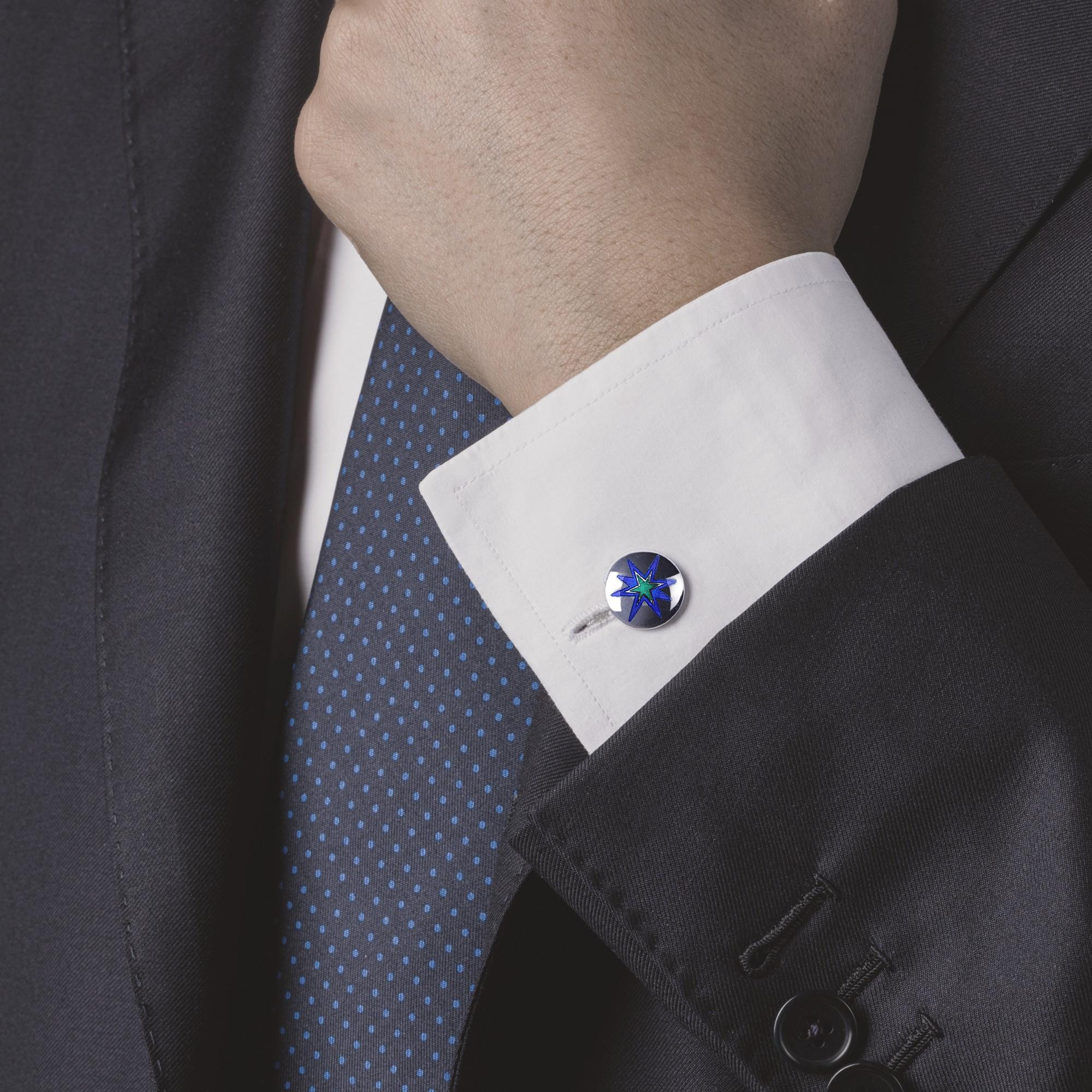Alex Jona design collection, hand crafted in Italy,  sterling silver double cufflinks with fire blue and green enamel . 

Alex Jona cufflinks stand out, not only for their special design and for the excellent quality, but also for the careful
