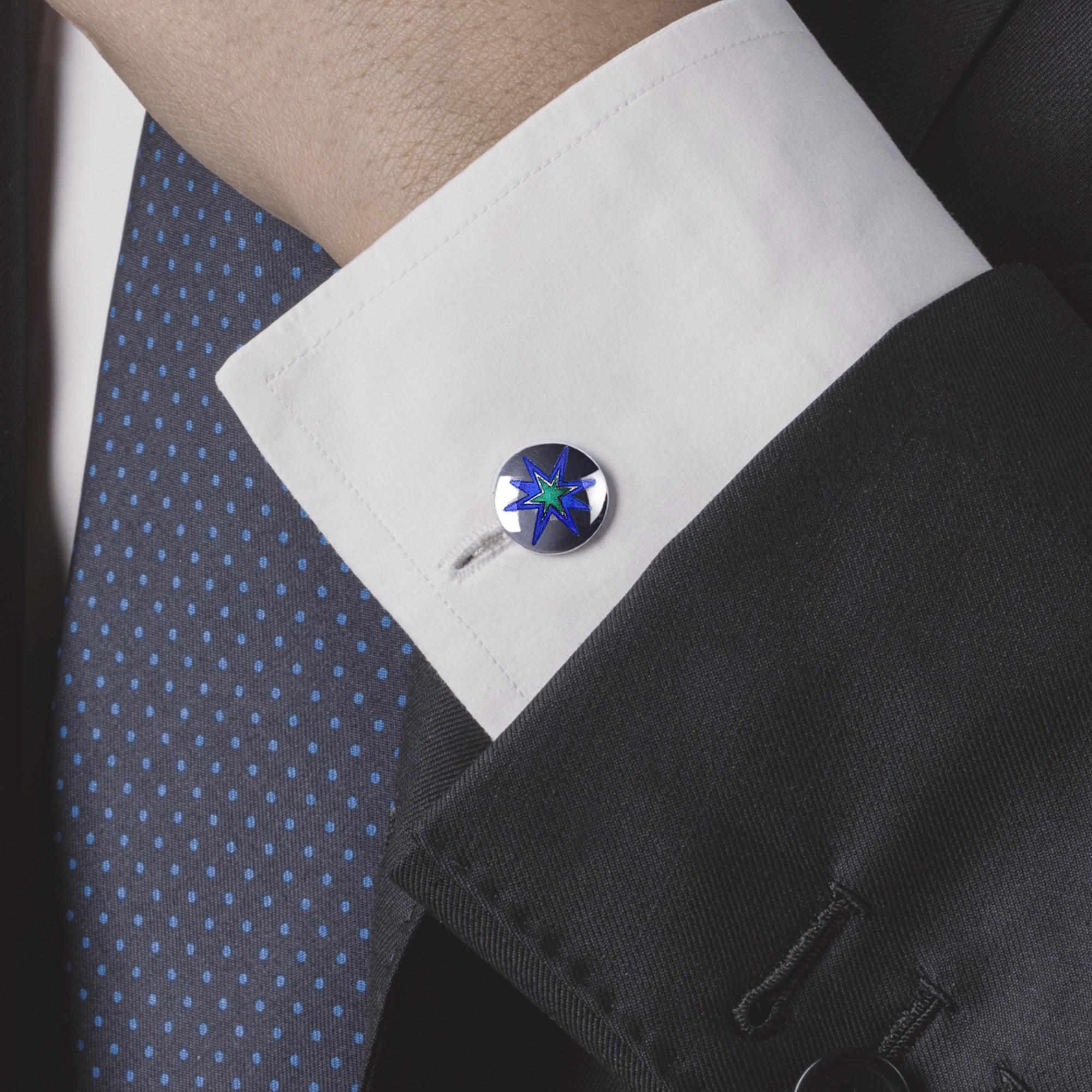 da uomo o donna Alex Jona Blue Green Enamel Sterling Silver Cufflinks in vendita