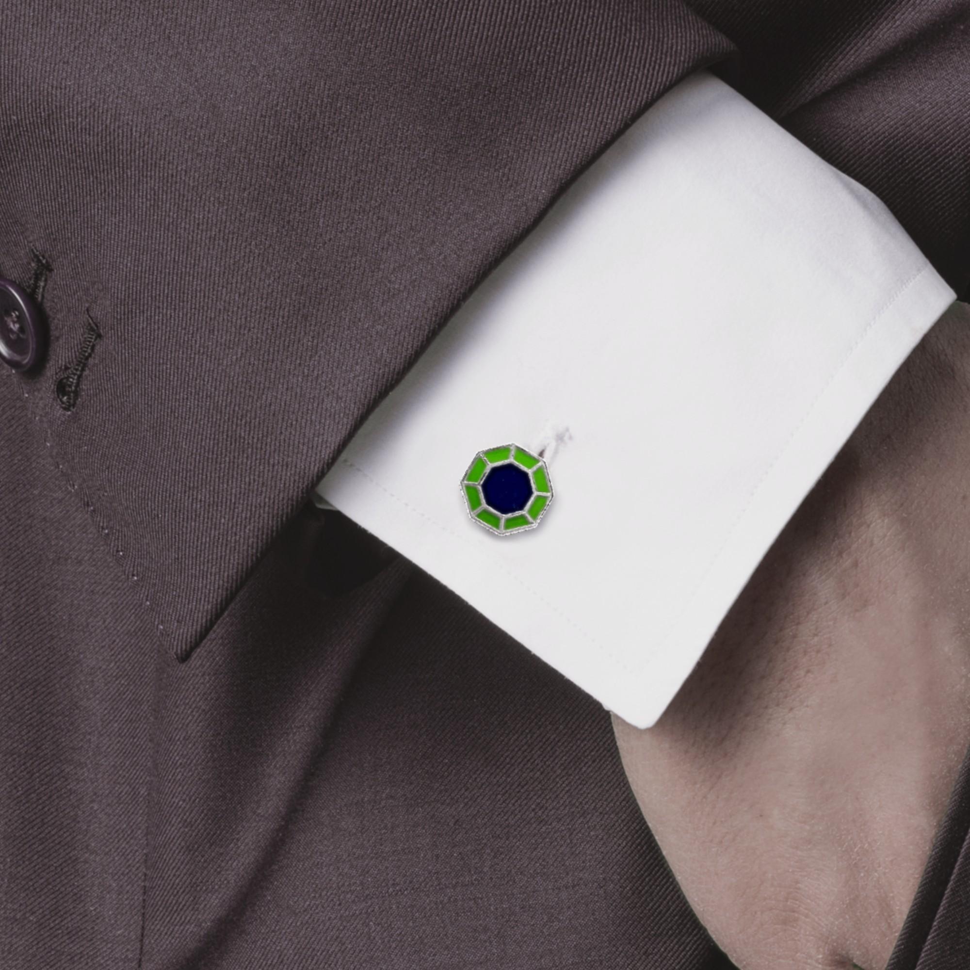 da uomo o donna Gemelli ottagonali in argento sterling con smalto blu e verde di Alex Jona in vendita