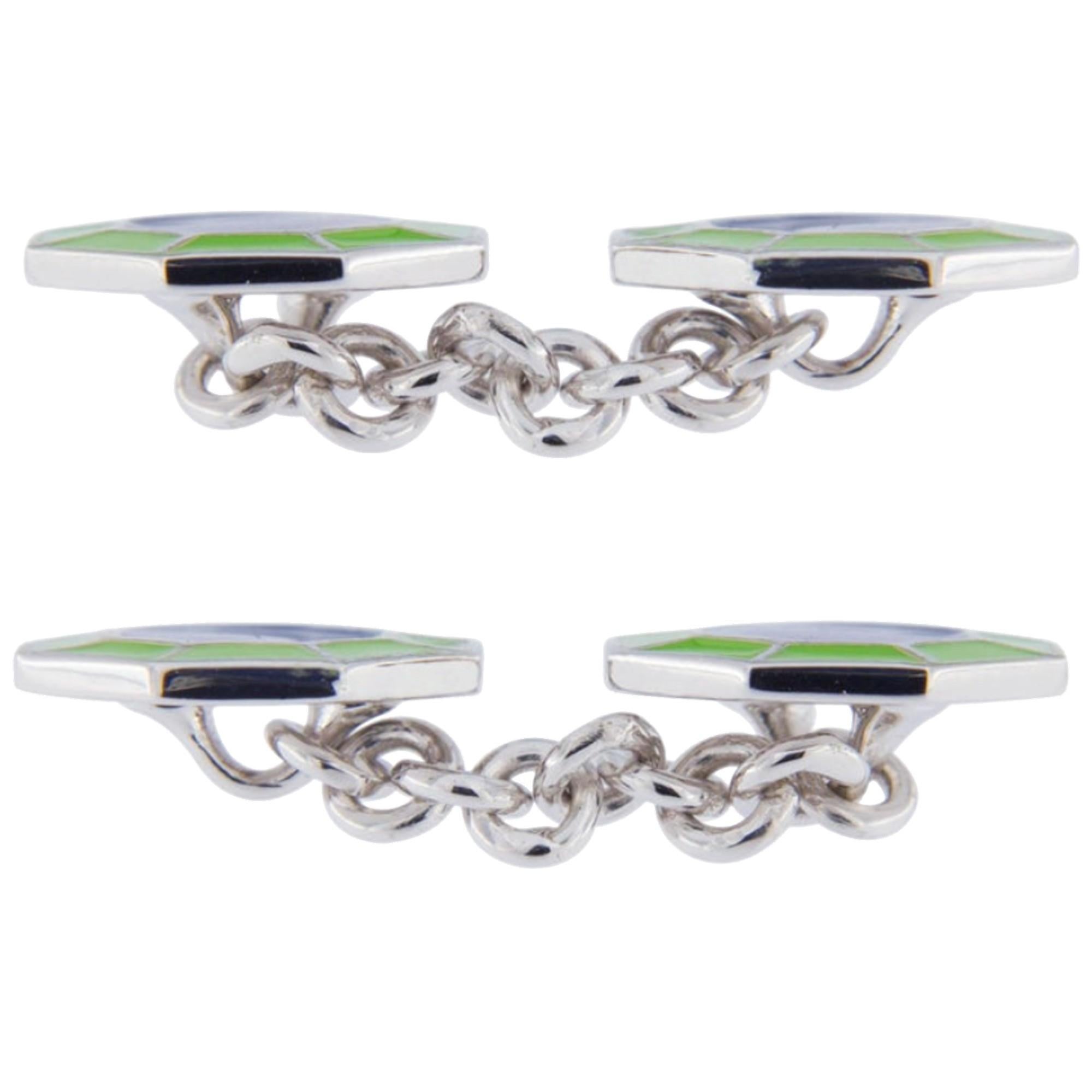 Alex Jona Blue Green Enamel Sterling Silver Octagonal Cufflinks In New Condition For Sale In Torino, IT