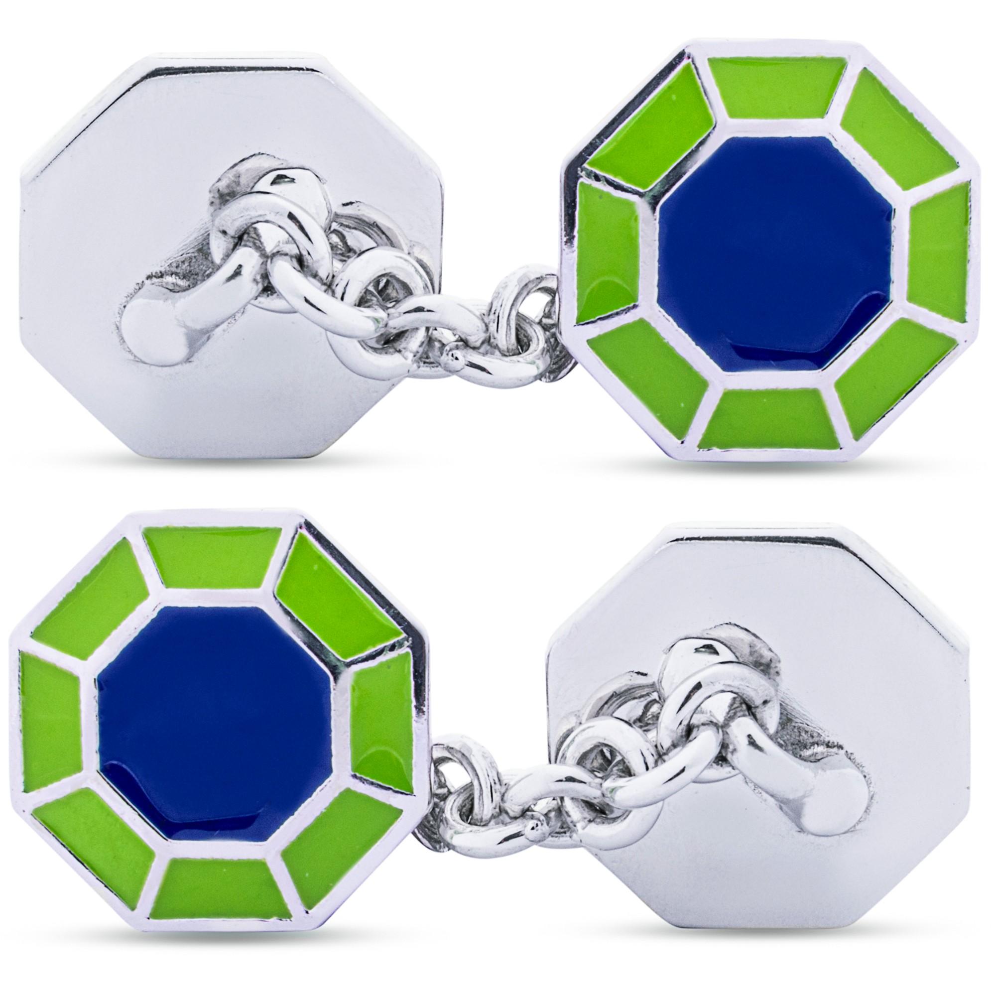 Gemelli ottagonali in argento sterling con smalto blu e verde di Alex Jona In condizioni Nuovo in vendita a Torino, Piedmont
