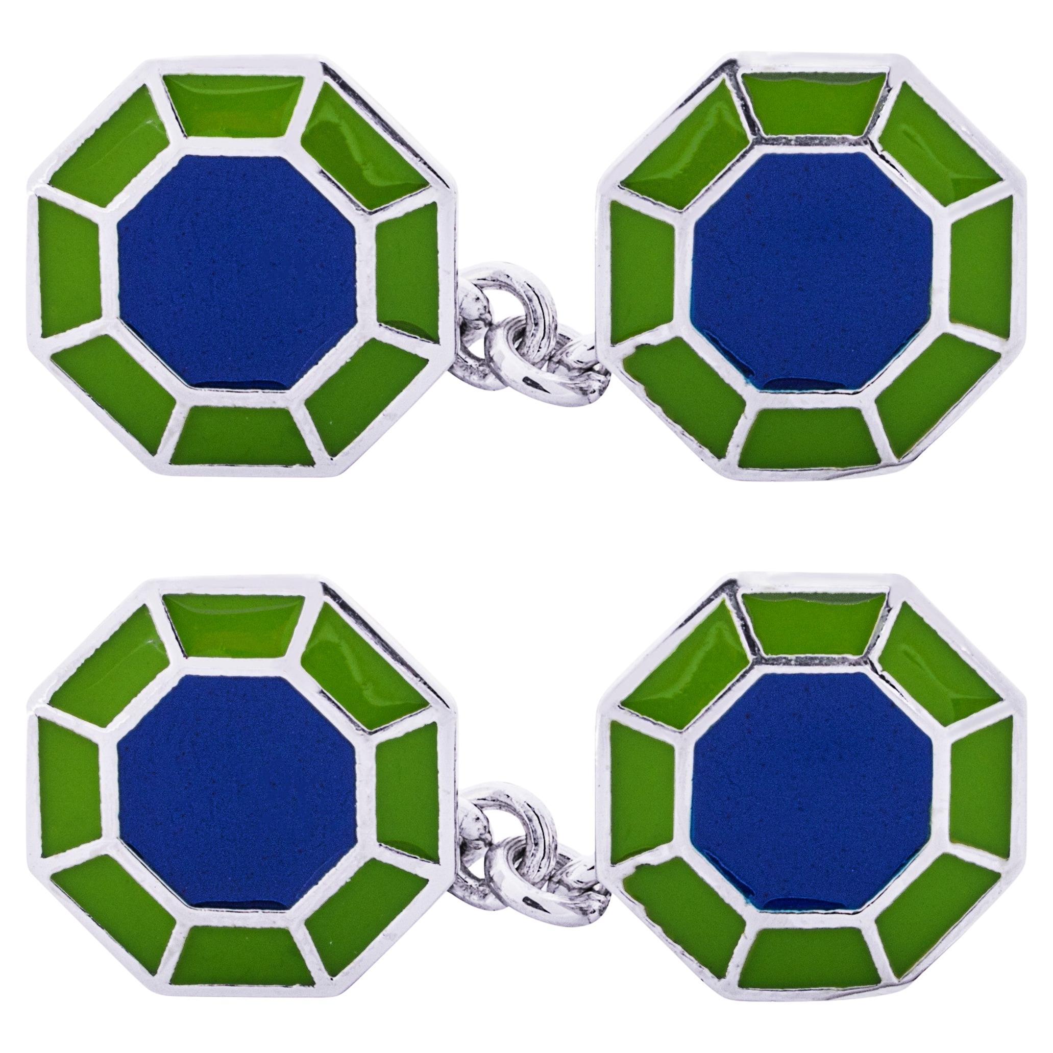 Alex Jona Blue & Green Enamel Sterling Silver Octagonal Cufflinks