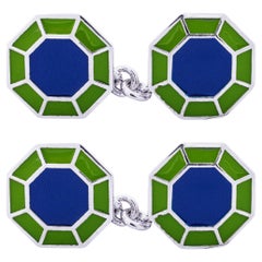 Alex Jona Blue & Green Enamel Sterling Silver Octagonal Cufflinks