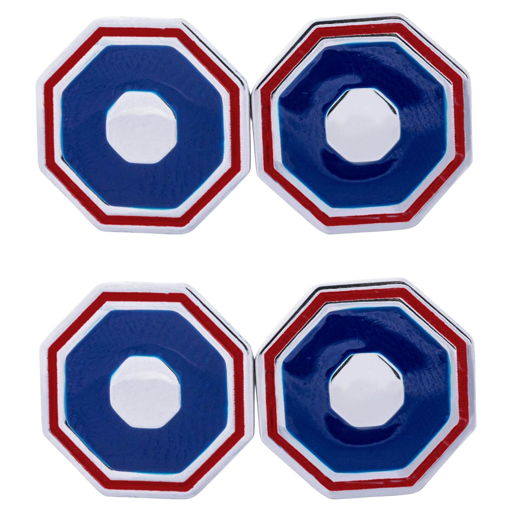 Alex Jona Blue & Red Enamel Octagonal Sterling Silver Cufflinks