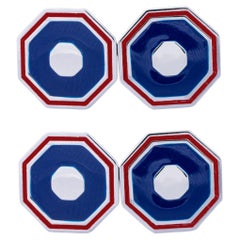 Alex Jona Blue & Red Enamel Octagonal Sterling Silver Cufflinks