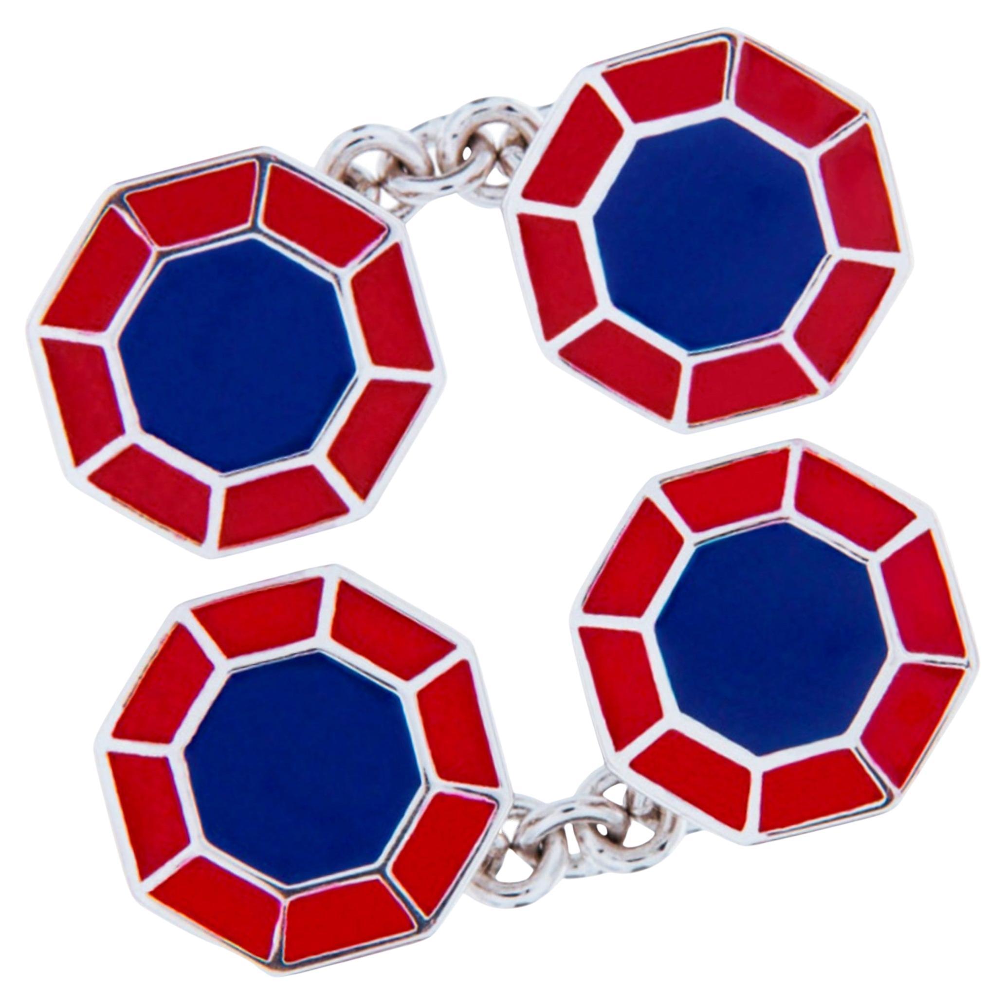 Achteckige Manschettenknöpfe aus Sterlingsilber mit blauer und roter Emaille im Angebot