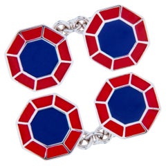 Alex Jona Blue Red Enamel Sterling Silver Octagonal Cufflinks