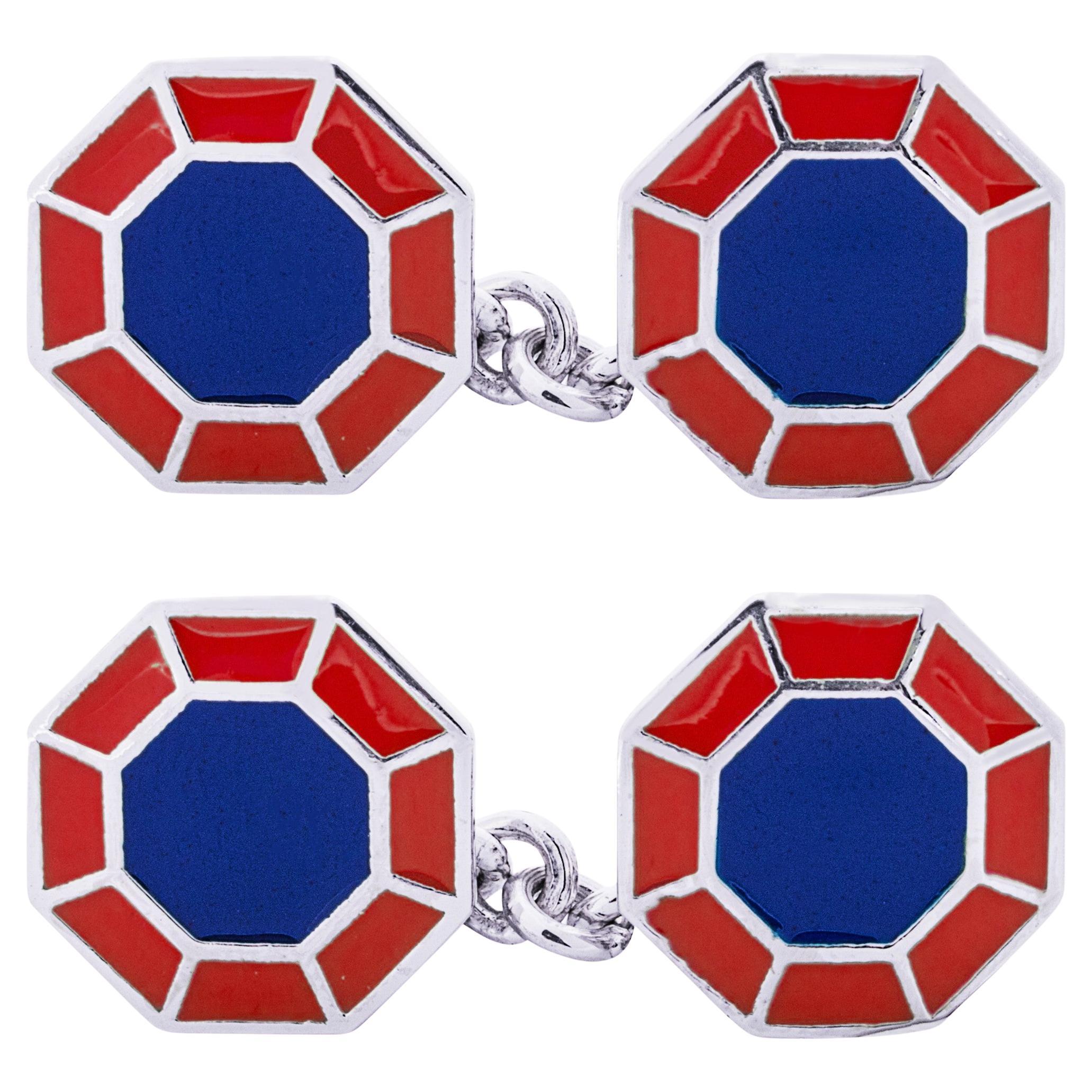 Gemelli ottagonali in argento sterling con smalto blu e rosso di Alex Jona