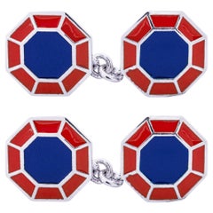 Gemelli ottagonali in argento sterling con smalto blu e rosso di Alex Jona