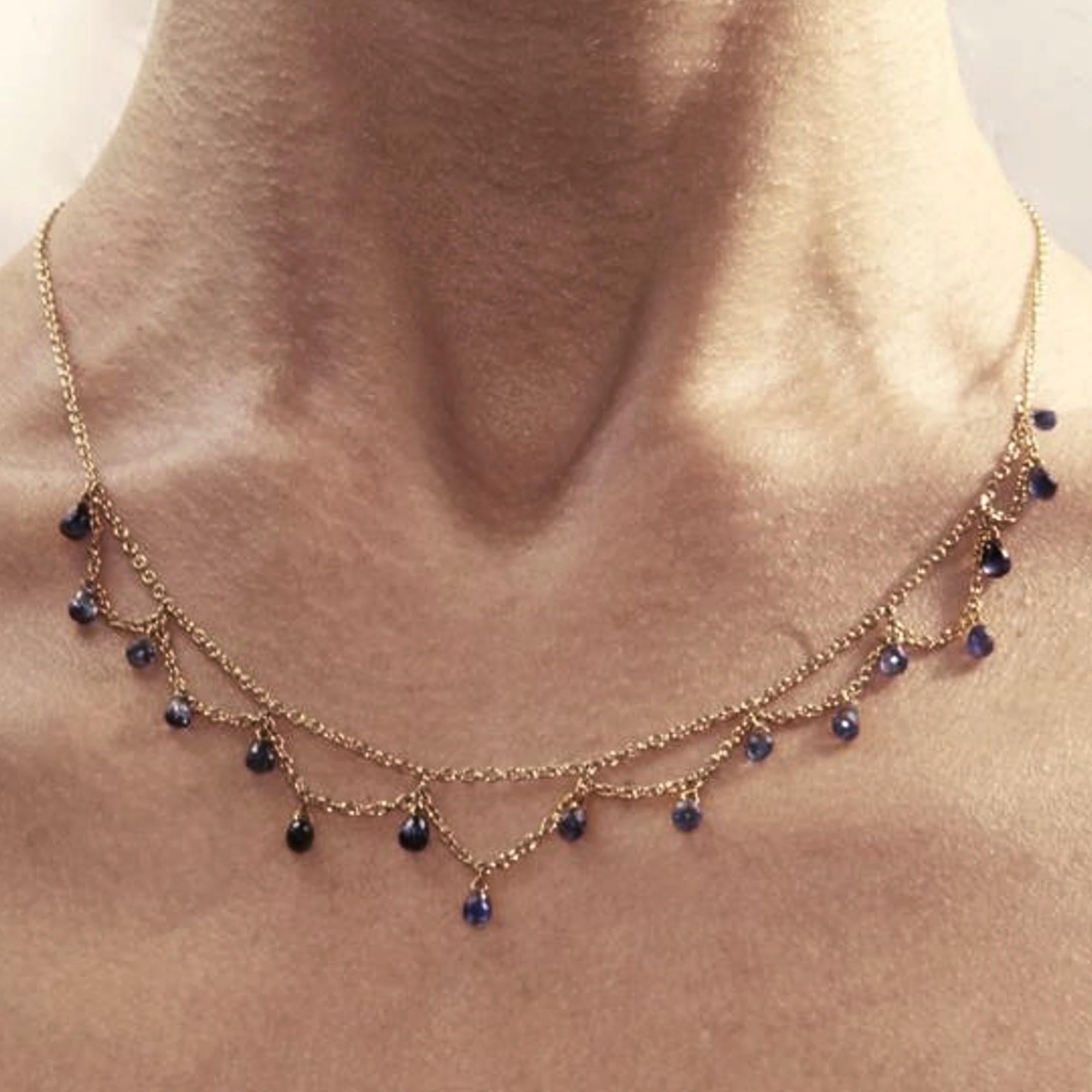 Alex Jona design collection, hand crafted in Italy, 18 karat yellow gold chain necklace, featuring 12.88 carats of briolette cut blue sapphire drops.

Alex Jona jewels stand out, not only for their special design and for the excellent quality of the