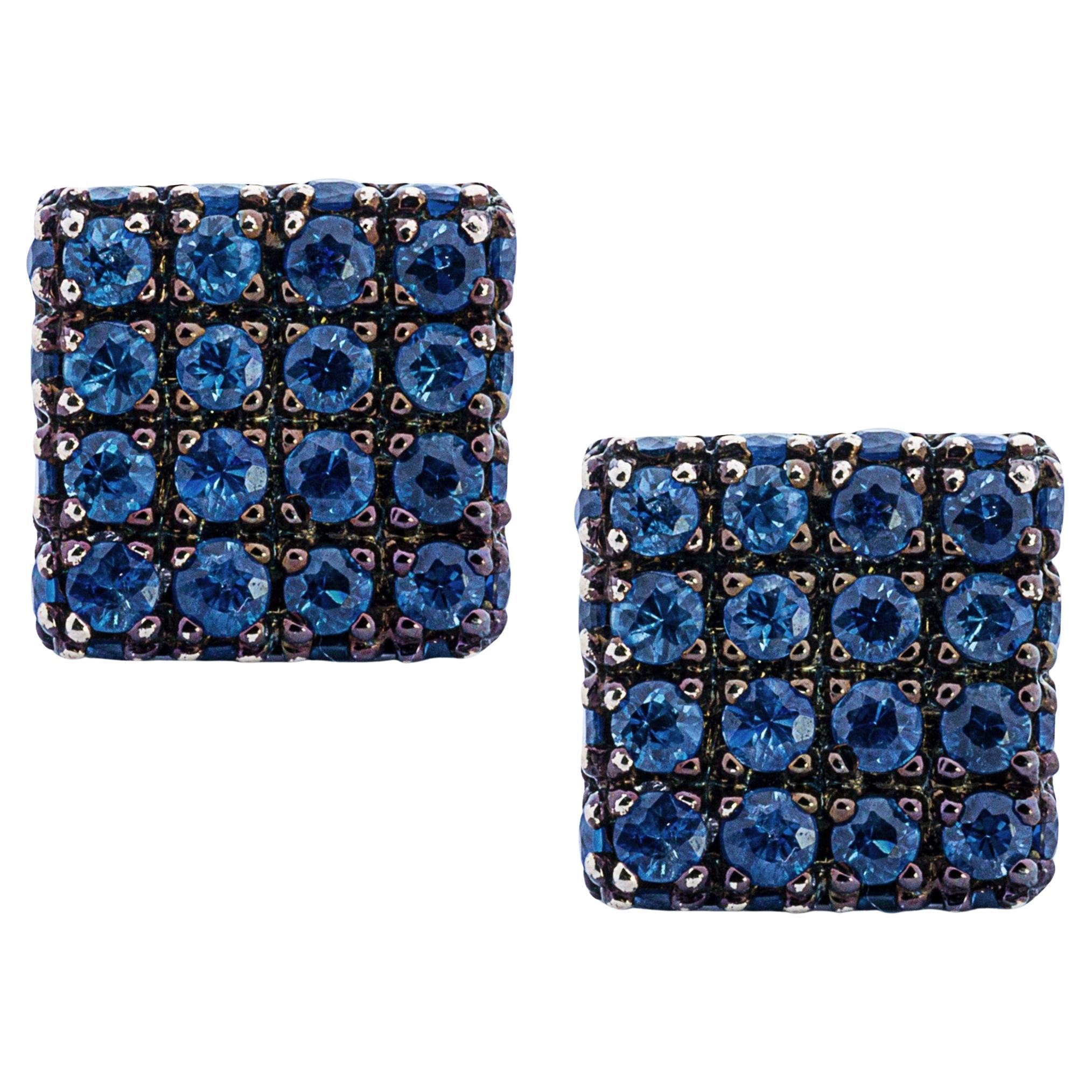 Alex Jona Blue Sapphire Burnished 18 Karat White Gold Square Earrings