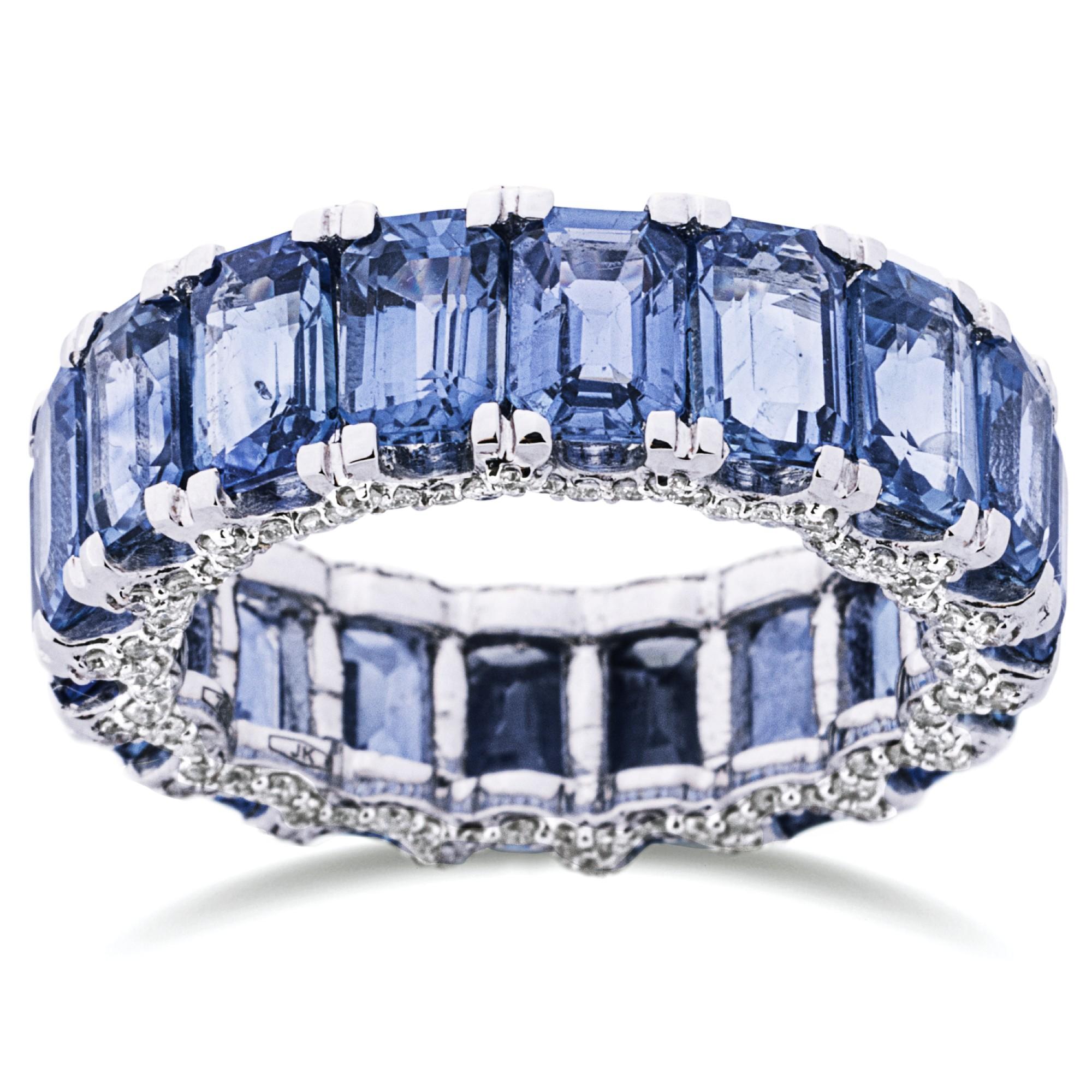 Baguette Cut Alex Jona  Blue Sapphire & Diamond 18 Karat White Gold Eternity Band Ring For Sale