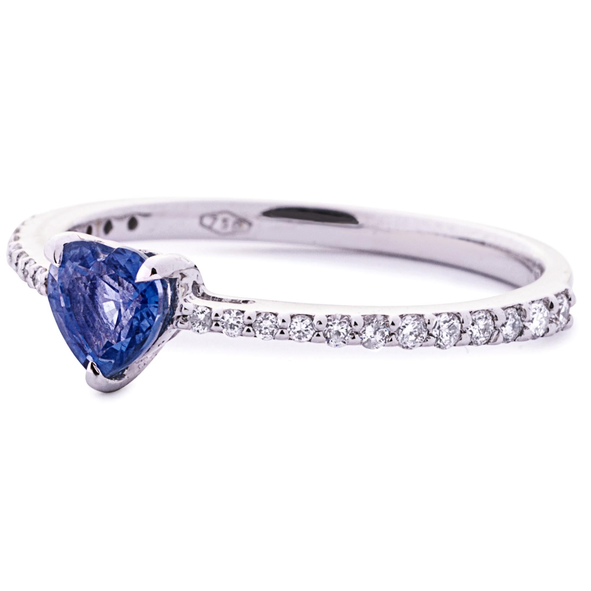 Heart Cut Alex Jona Blue Sapphire Heart & White Diamond 18 Karat White Gold Solitaire Ring For Sale