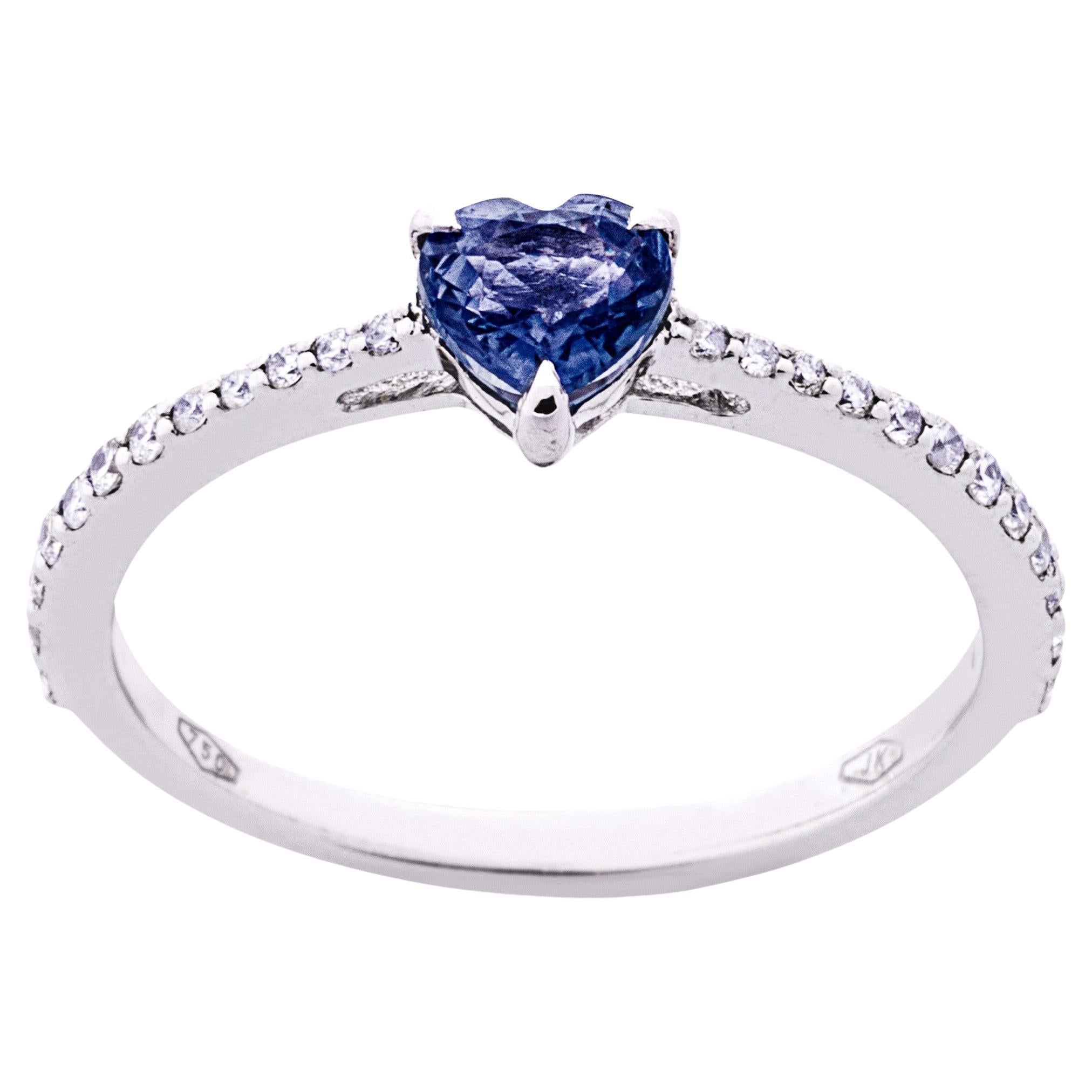 Alex Jona Blue Sapphire Heart & White Diamond 18 Karat White Gold Solitaire Ring For Sale