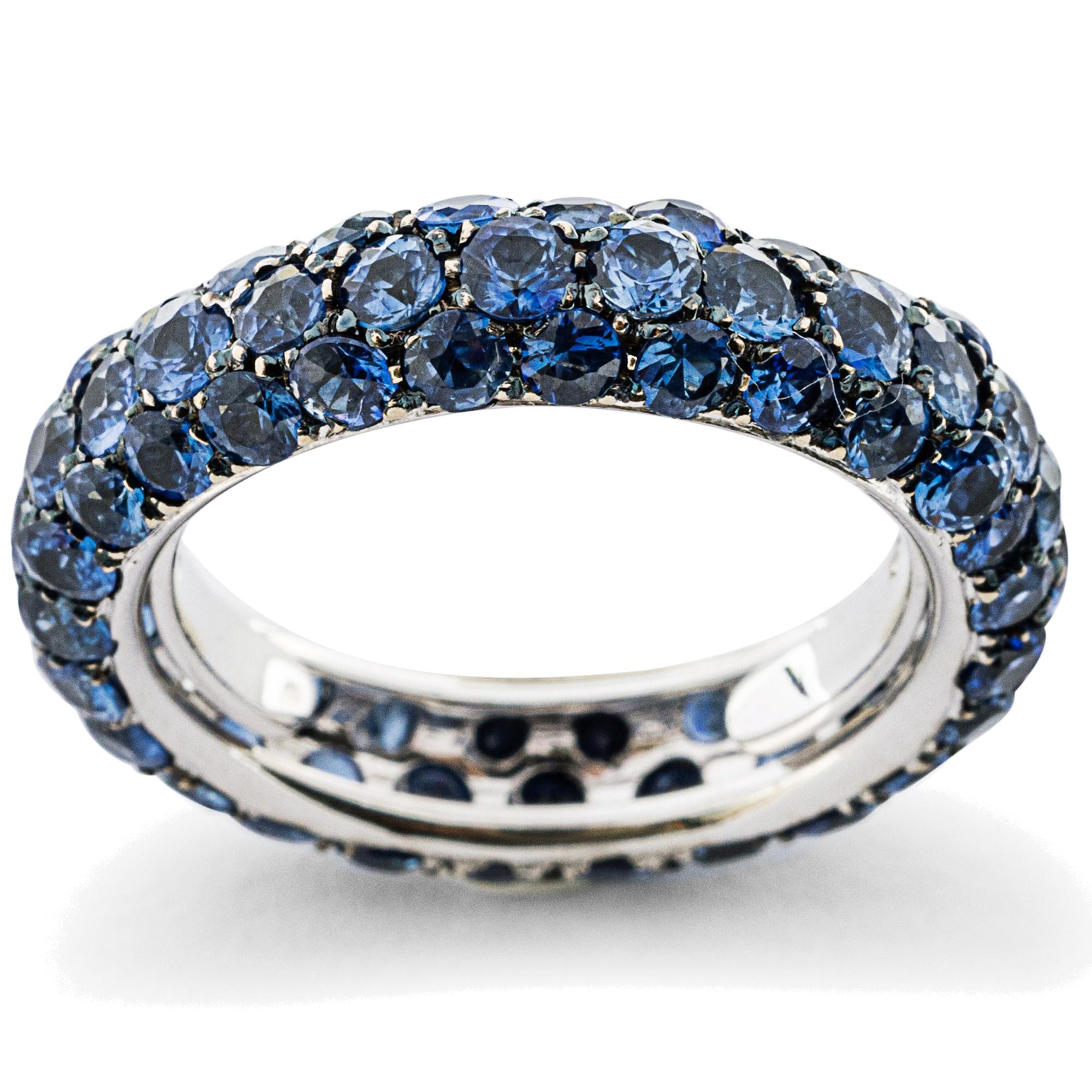 Round Cut Alex Jona Blue Sapphire Pavé 18 Karat White Gold Eternity Band Ring For Sale