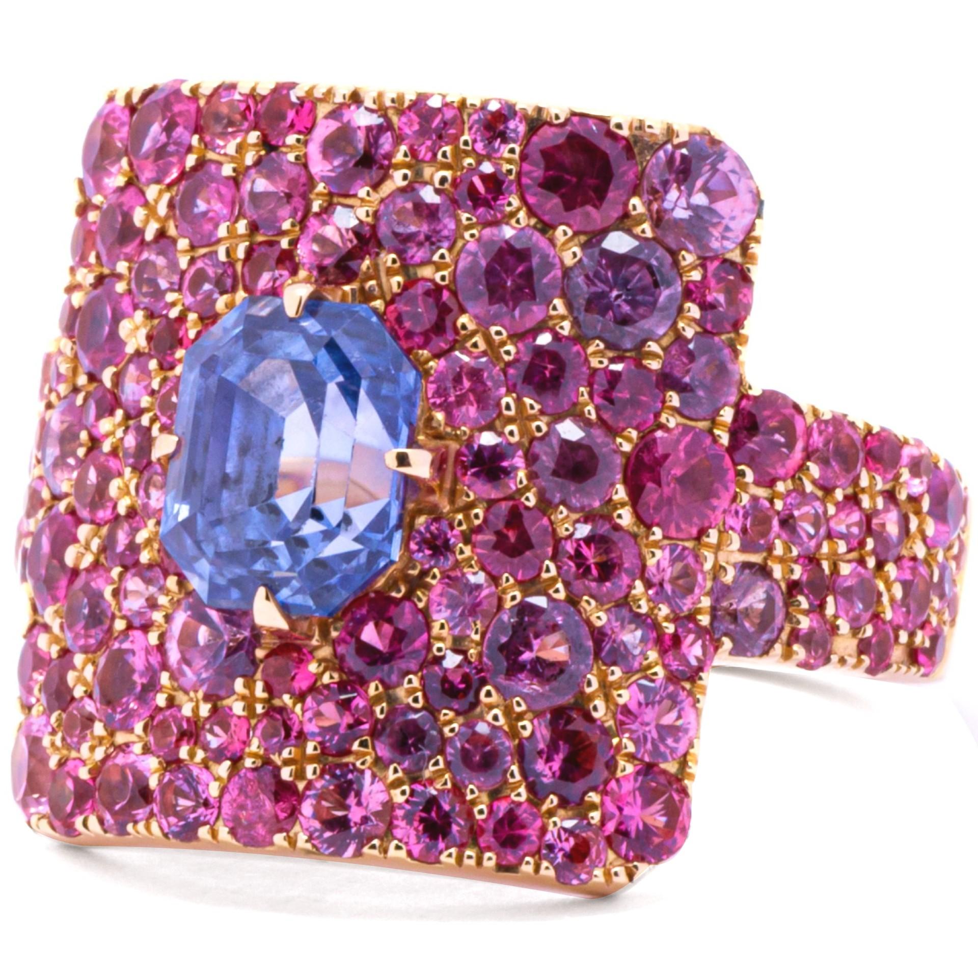 Round Cut Alex Jona Blue Sapphire Pink Sapphire 18 Karat Rose Gold Ring For Sale