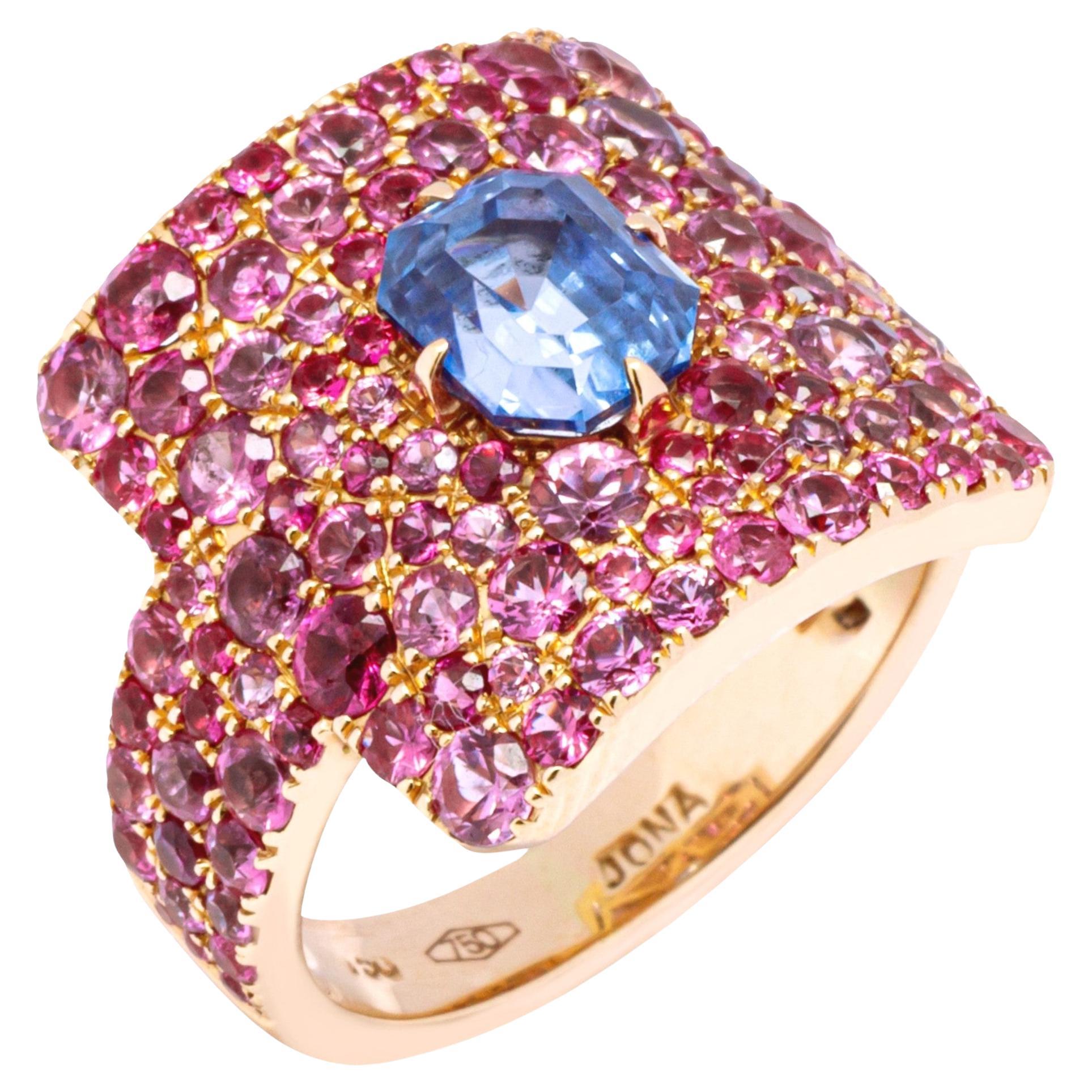 Alex Jona Blue Sapphire Pink Sapphire 18 Karat Rose Gold Ring For Sale