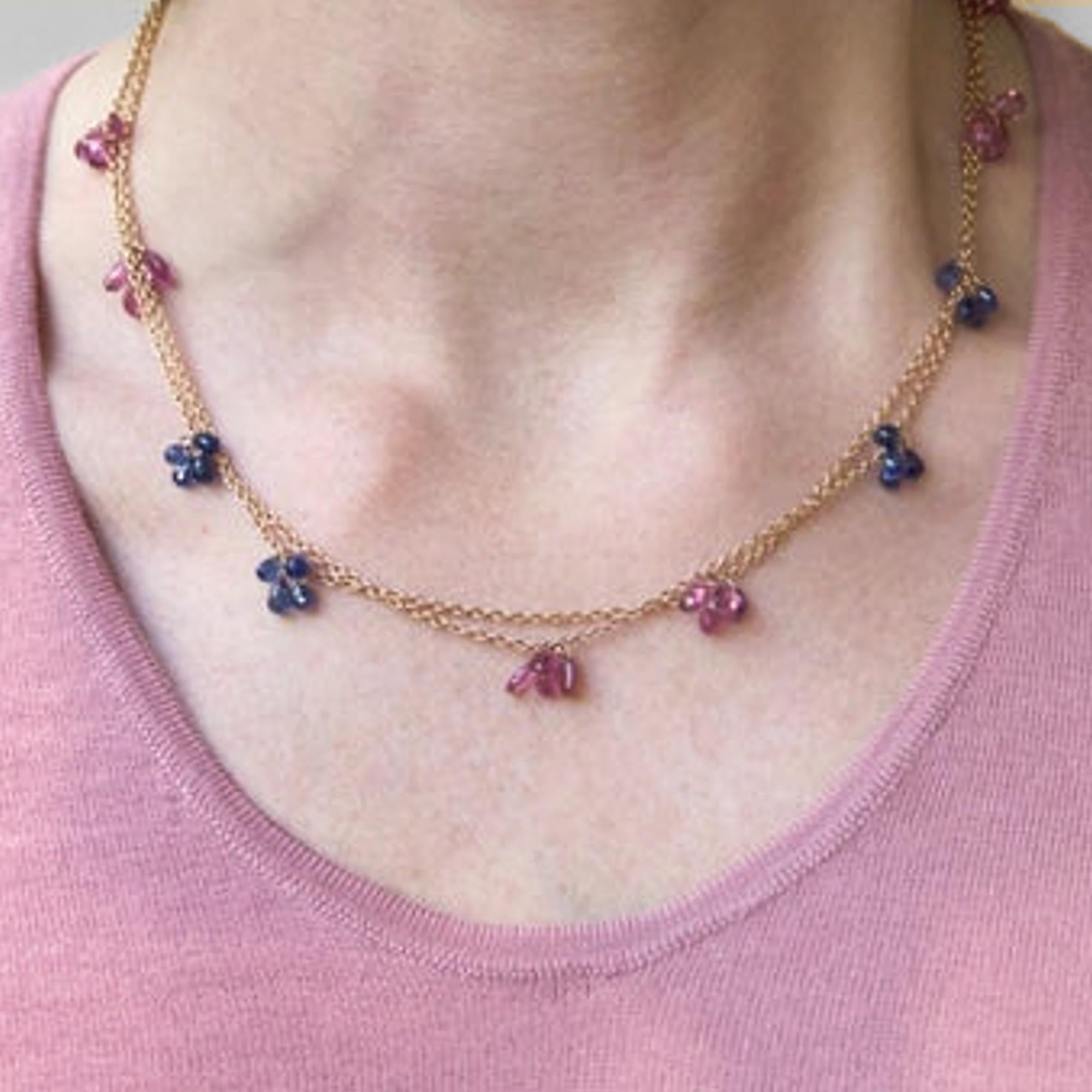 Women's Alex Jona Blue Sapphire Pink Tourmaline 18 Karat Yellow Gold Chain Necklace For Sale