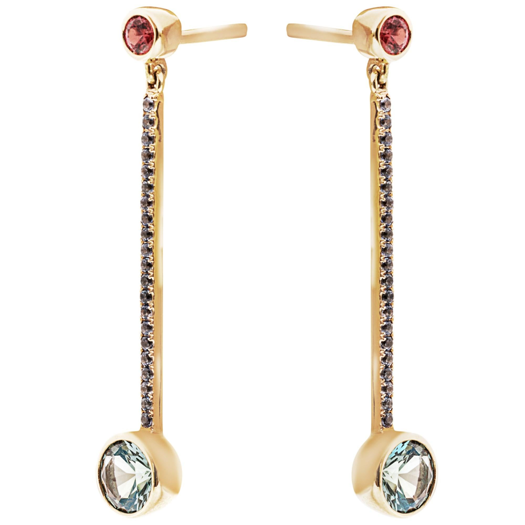 Mixed Cut Alex Jona Blue Sapphire Red Spinel Blue Tourmaline 18 Karat Yellow Gold Earrings For Sale