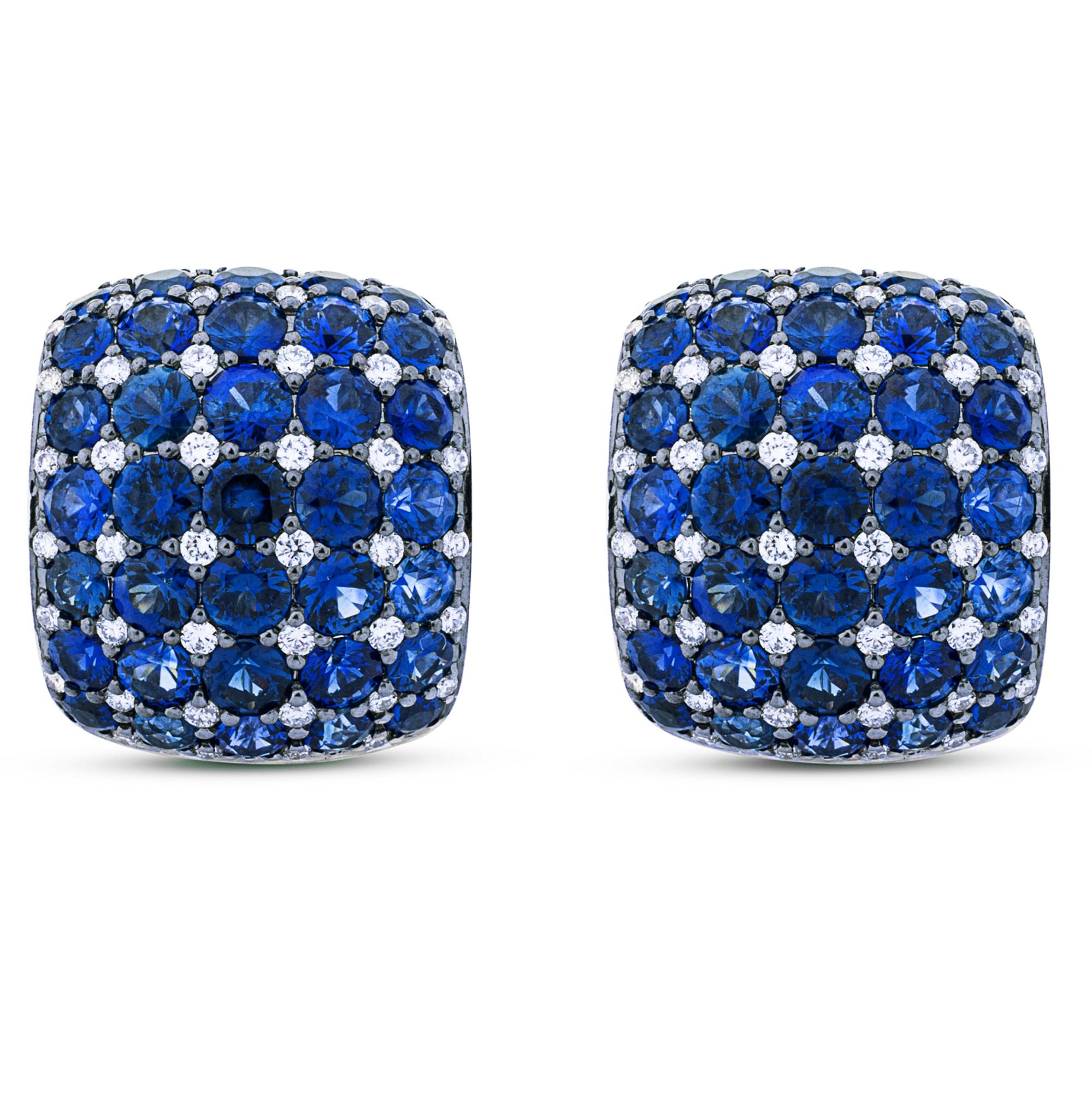 Round Cut Alex Jona Blue Sapphire White Diamond 18 Karat  Gold Cushioned Clip Earrings For Sale