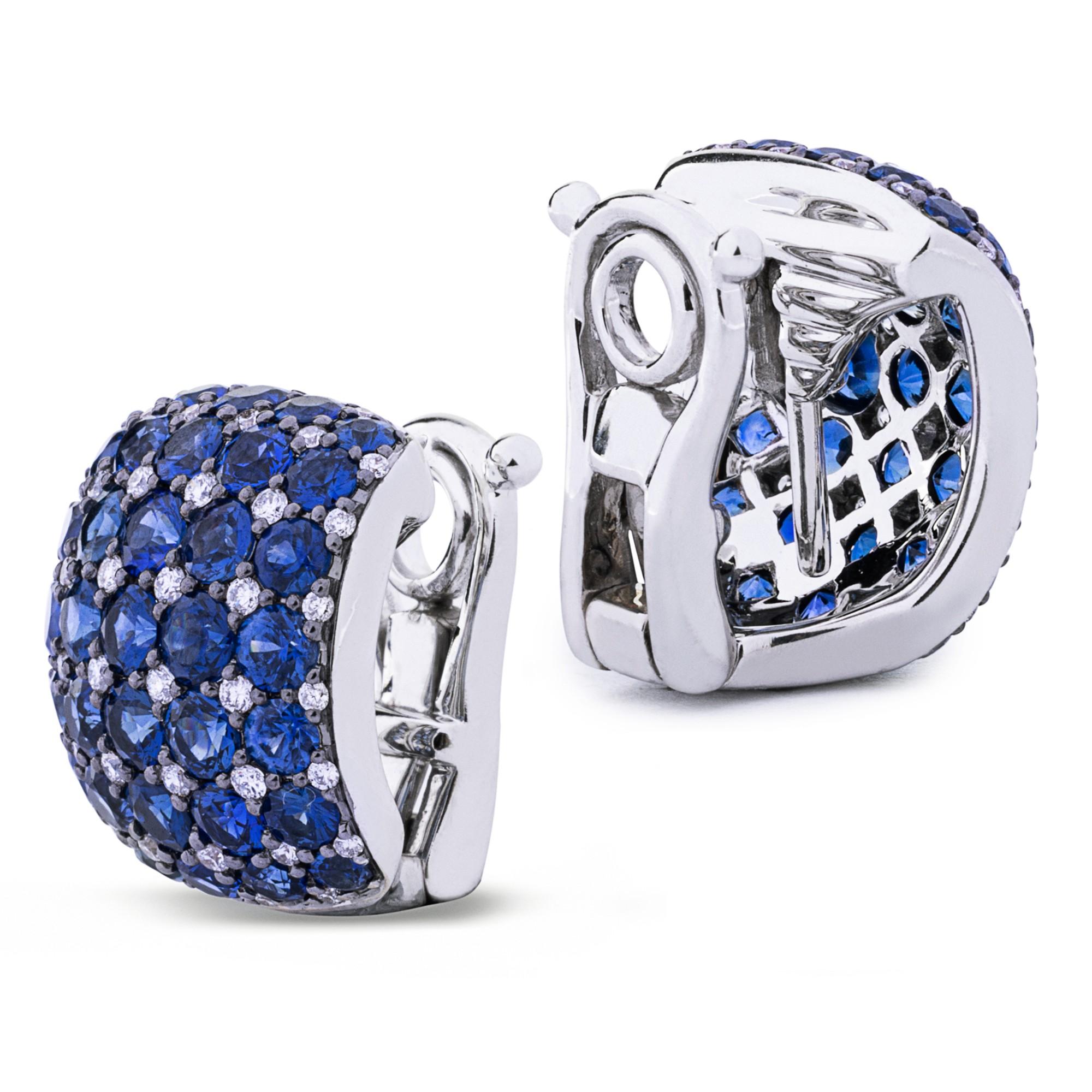 Women's Alex Jona Blue Sapphire White Diamond 18 Karat  Gold Cushioned Clip Earrings For Sale