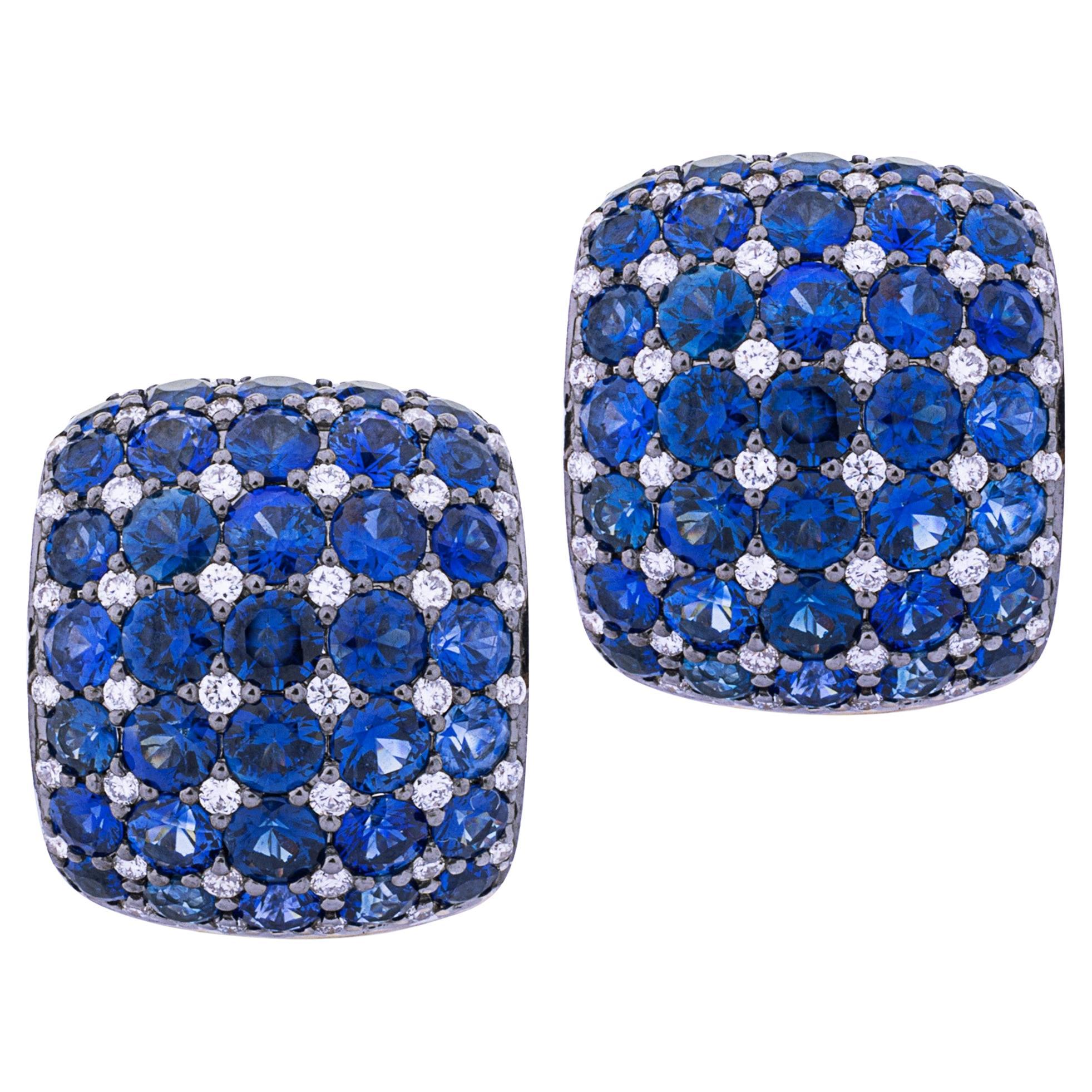 Alex Jona Blue Sapphire White Diamond 18 Karat  Gold Cushioned Clip Earrings For Sale
