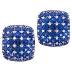 Alex Jona Blue Sapphire White Diamond 18 Karat  Gold Cushioned Clip Earrings