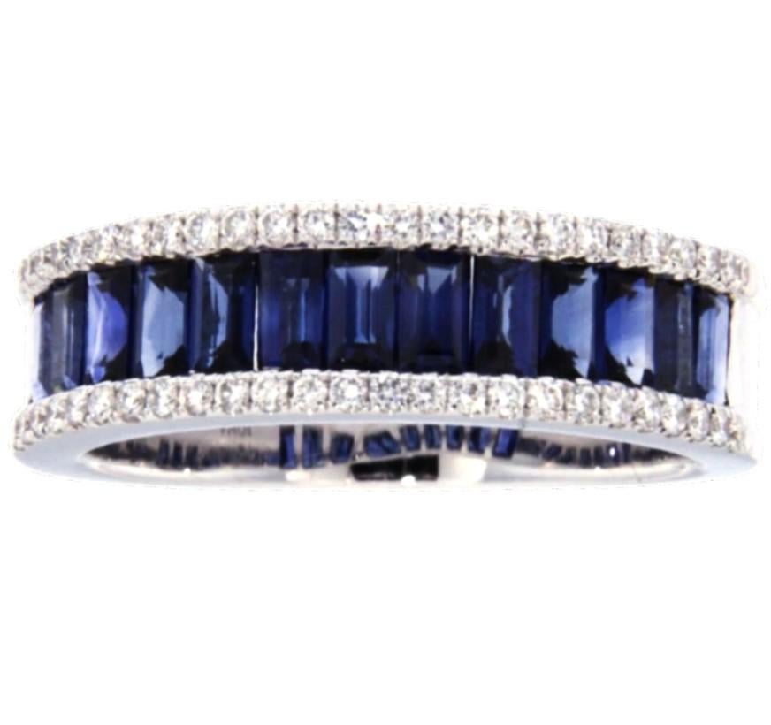Baguette Cut Alex Jona Blue Sapphire White Diamond 18 Karat White Gold Band Ring For Sale