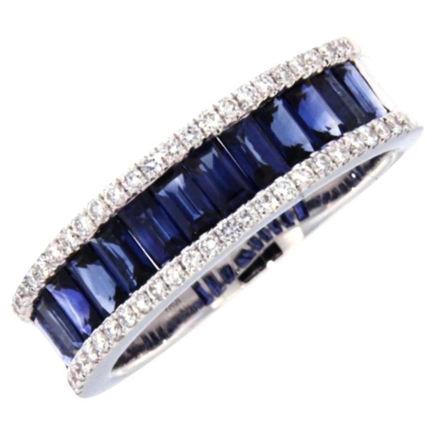 Baguette Cut Alex Jona Blue Sapphire White Diamond 18 Karat White Gold Band Ring For Sale