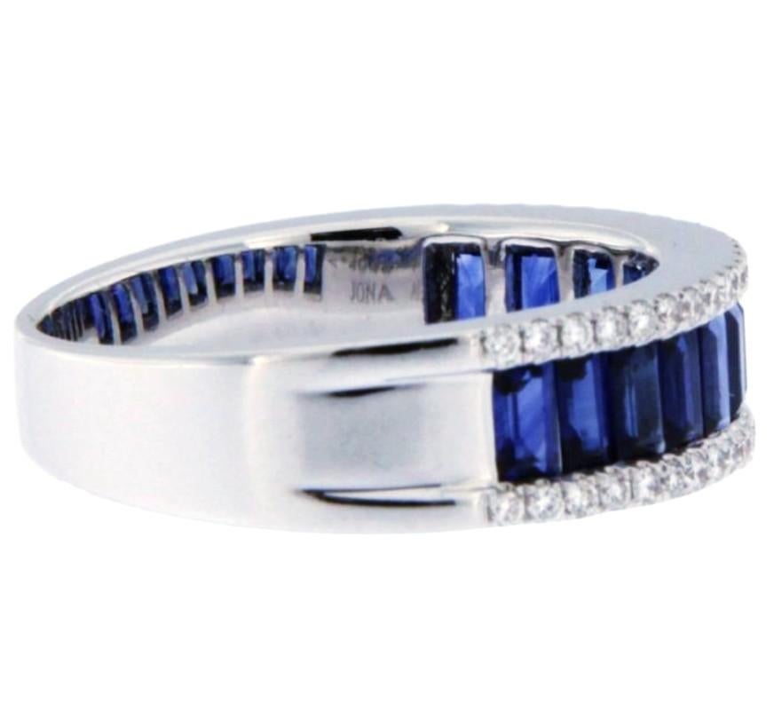 Baguette Cut Alex Jona Blue Sapphire White Diamond 18 Karat White Gold Band Ring