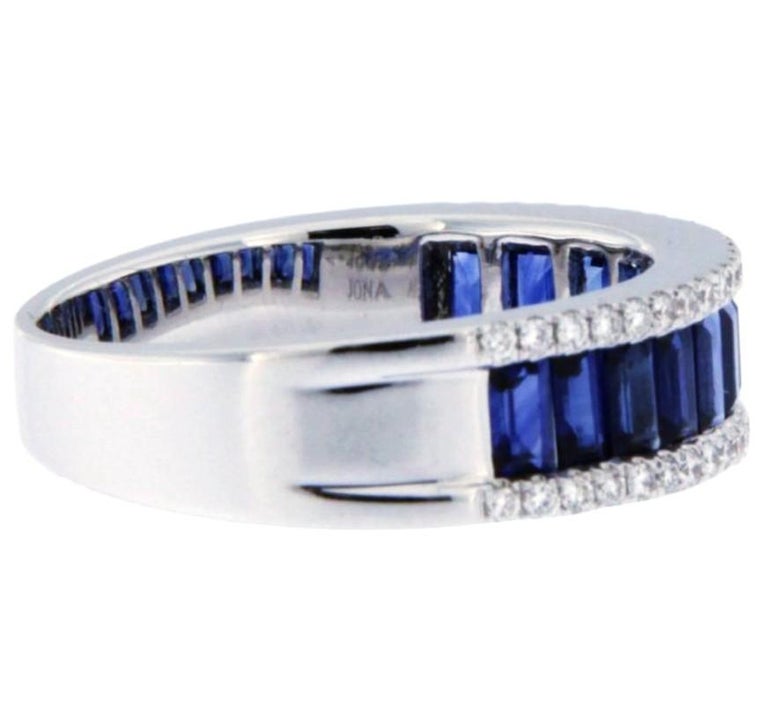 Alex Jona Blue Sapphire White Diamond 18 Karat White Gold Band Ring In New Condition For Sale In Torino, IT