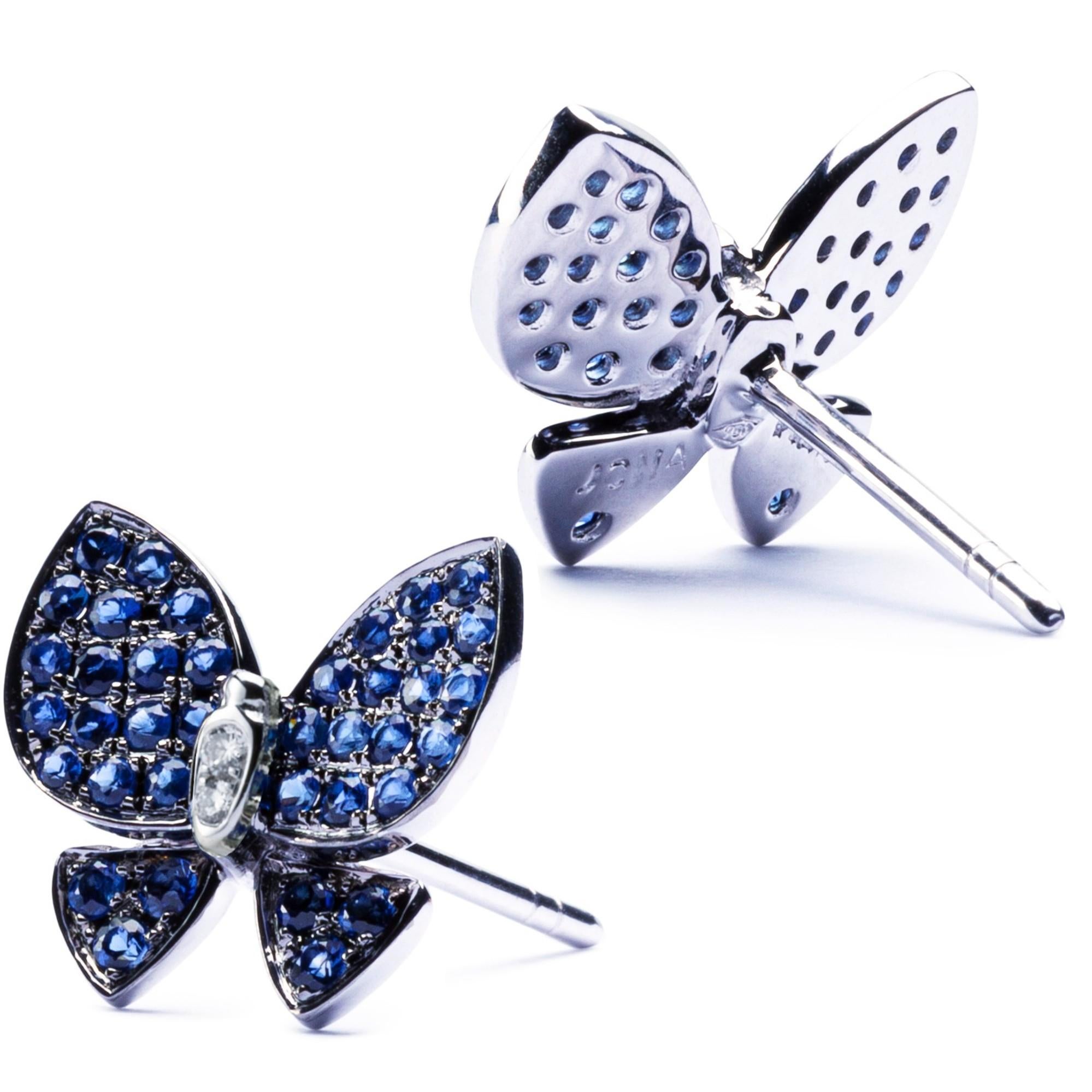 Taille ronde Alex Jona, boucles d'oreilles papillon en or blanc 18 carats, saphir bleu et diamant blanc en vente
