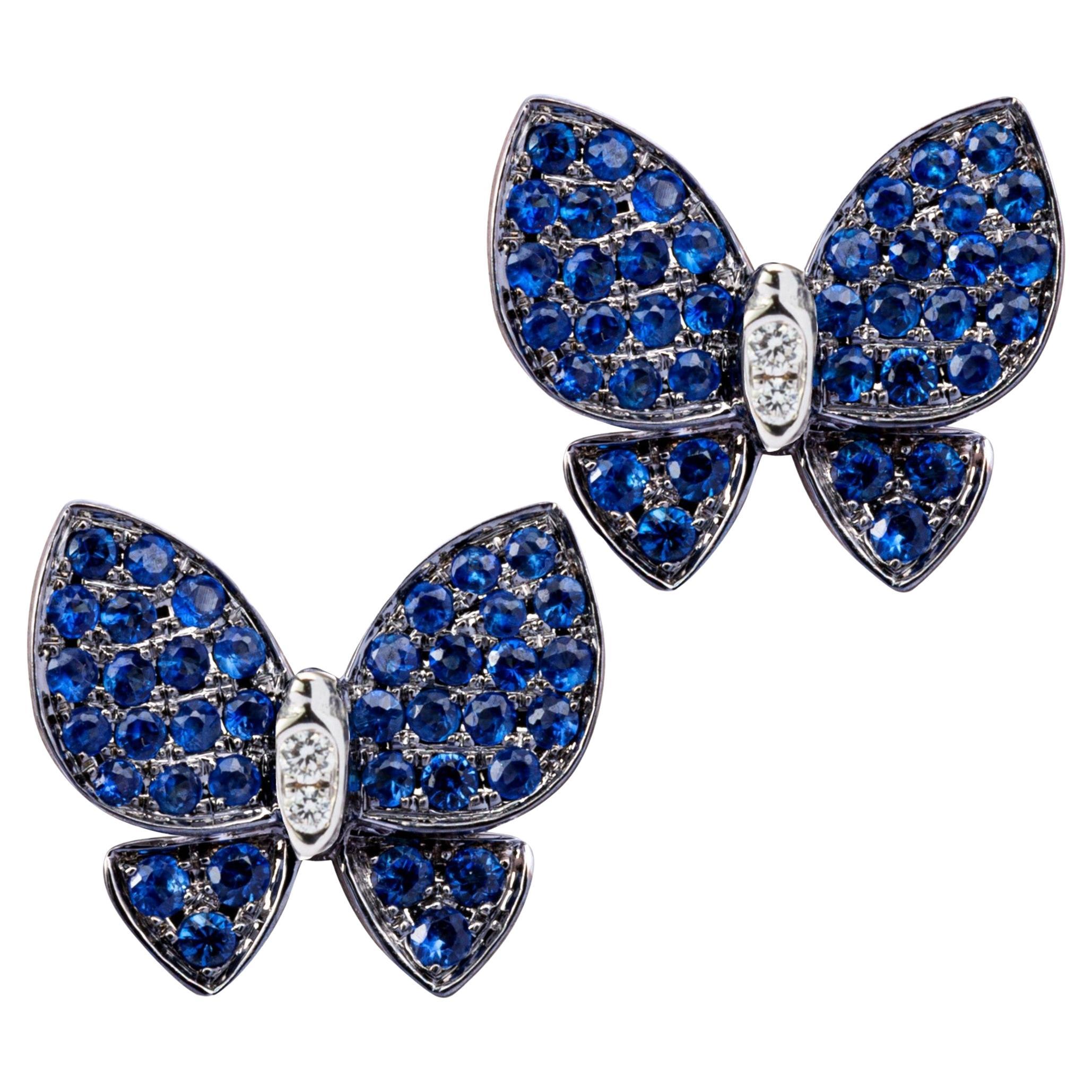 Alex Jona, boucles d'oreilles papillon en or blanc 18 carats, saphir bleu et diamant blanc