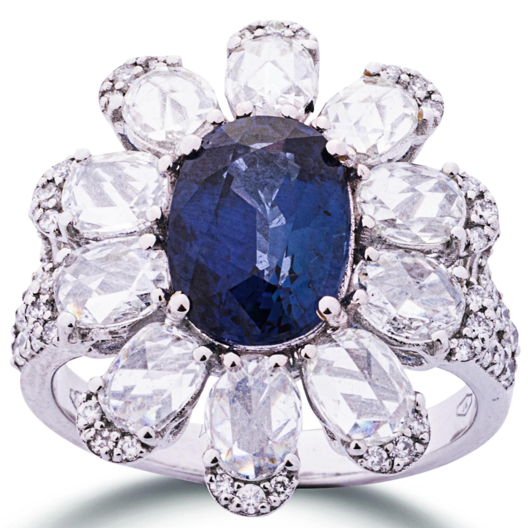 Contemporary Alex Jona Blue Sapphire White Diamond 18 Karat White Gold Cluster Ring For Sale