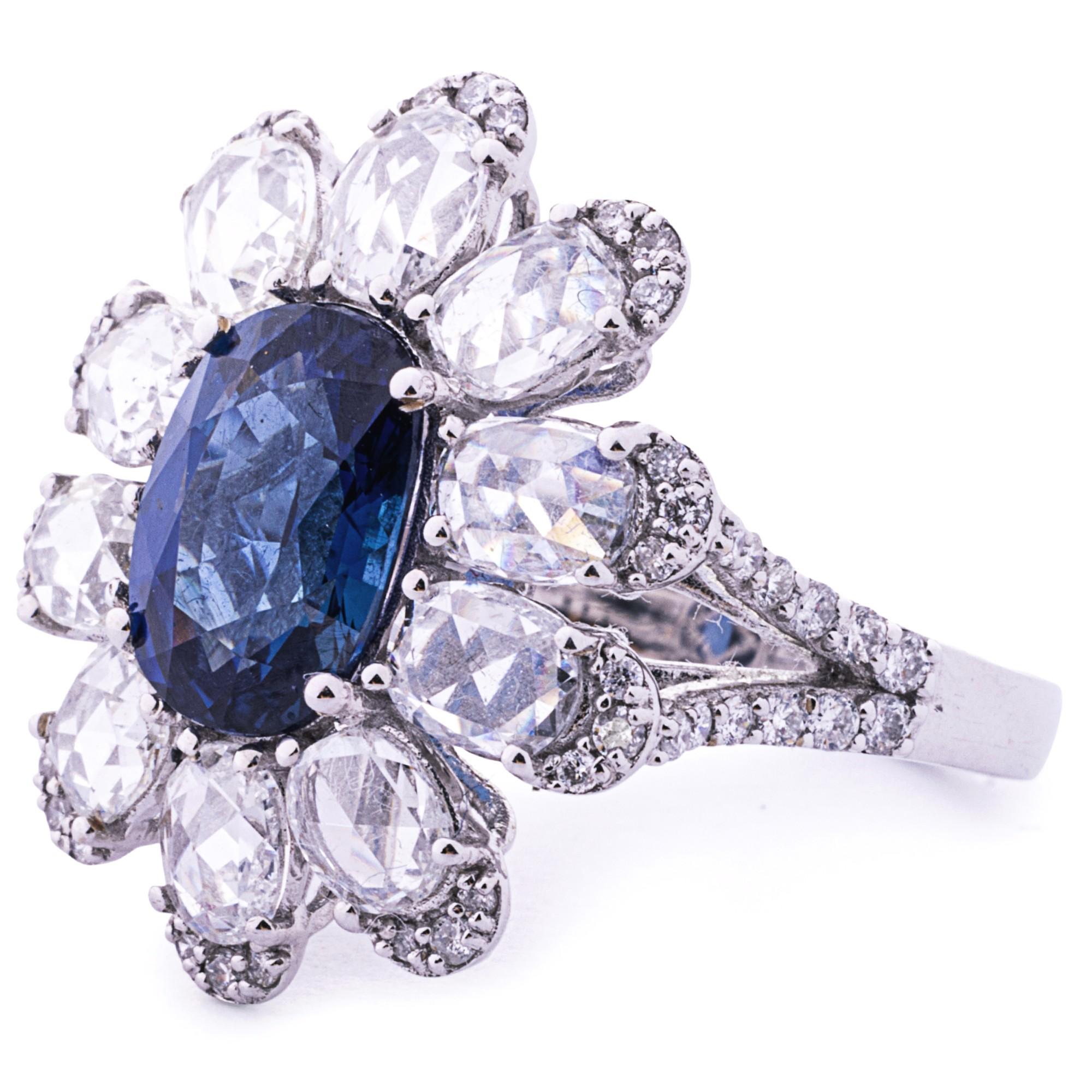 Oval Cut Alex Jona Blue Sapphire White Diamond 18 Karat White Gold Cluster Ring For Sale