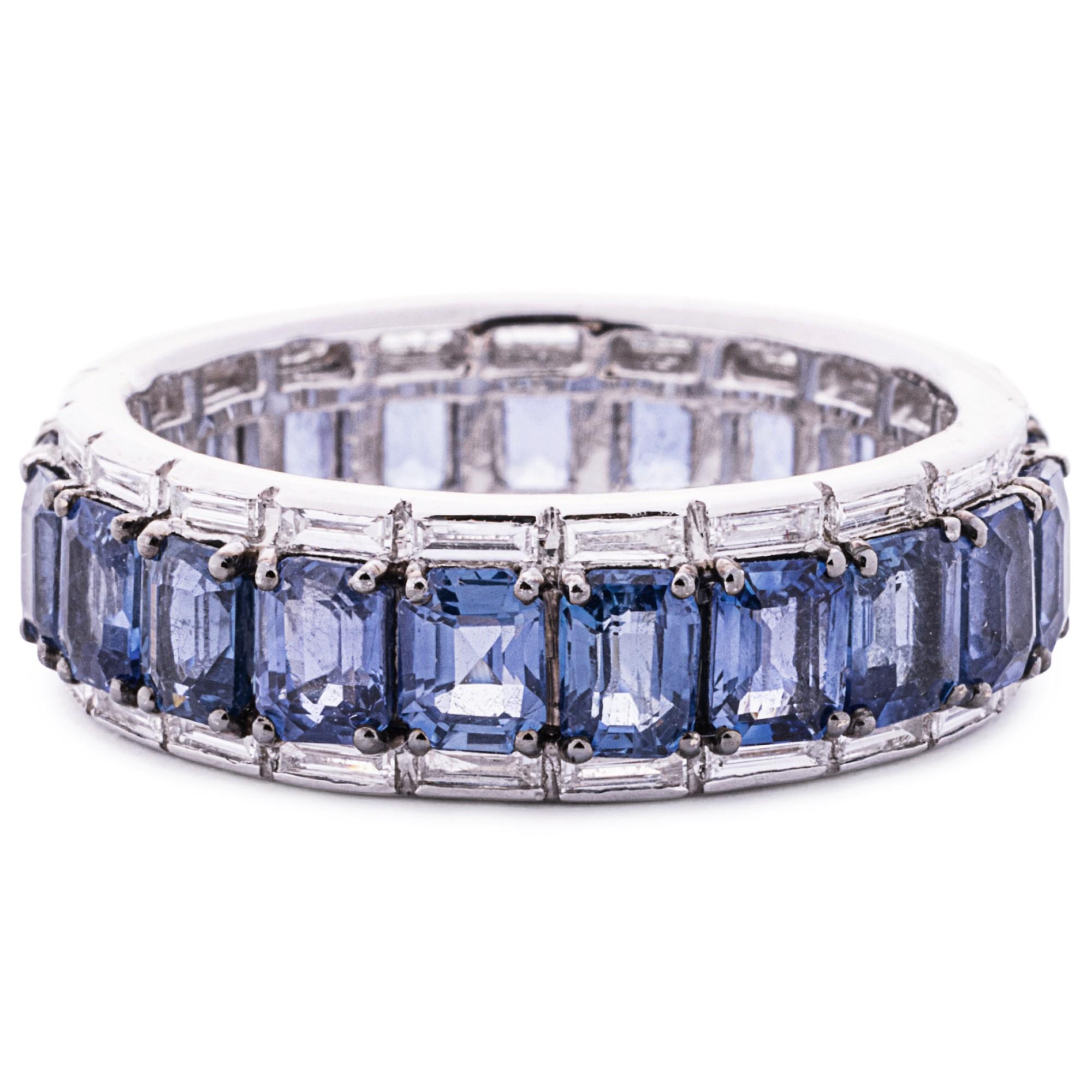 Baguette Cut Alex Jona Blue Sapphire White Diamond 18 Karat White Gold Eternity Band Ring For Sale
