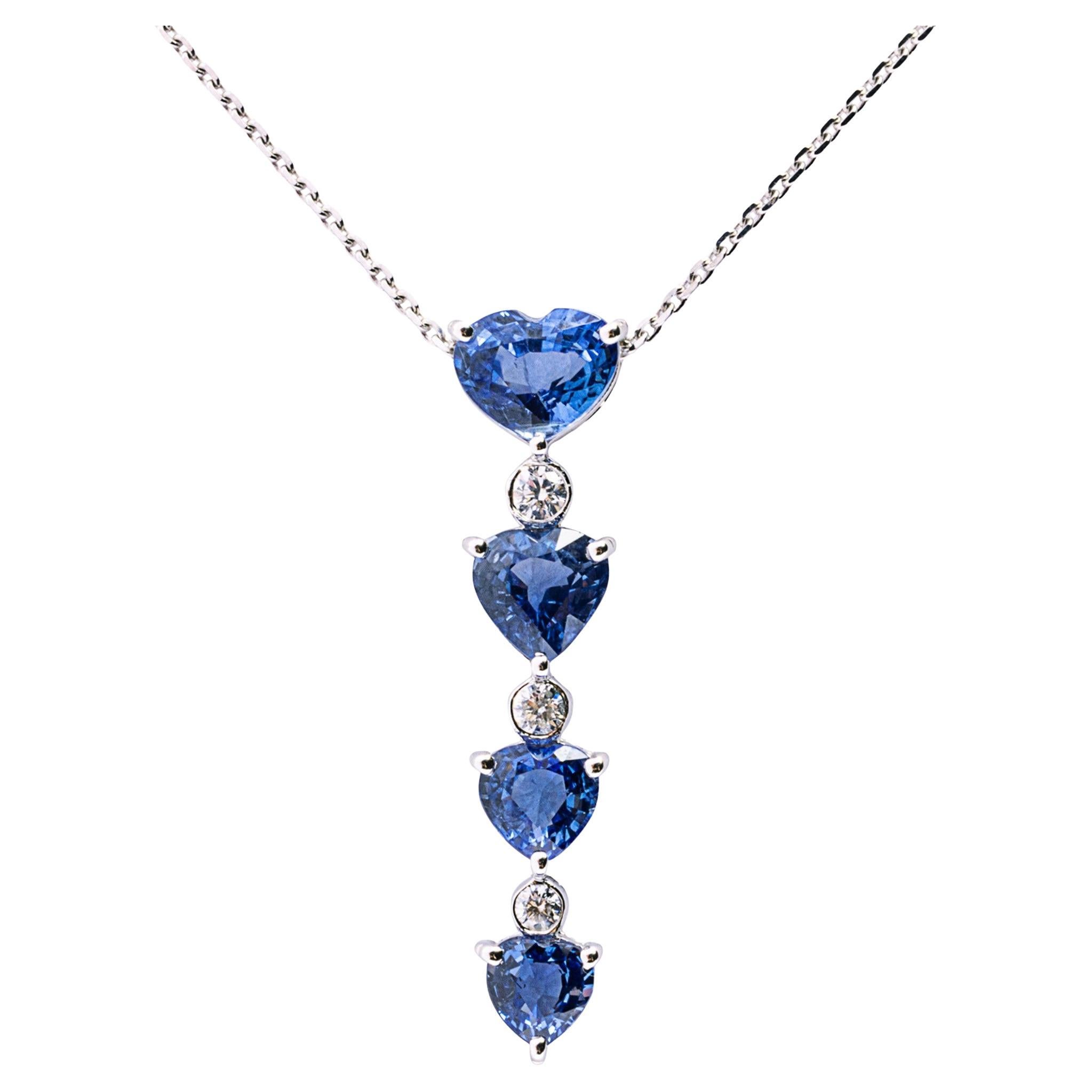 Alex Jona Blue Sapphire White Diamond 18 Karat White Gold Heart Pendant Necklace For Sale