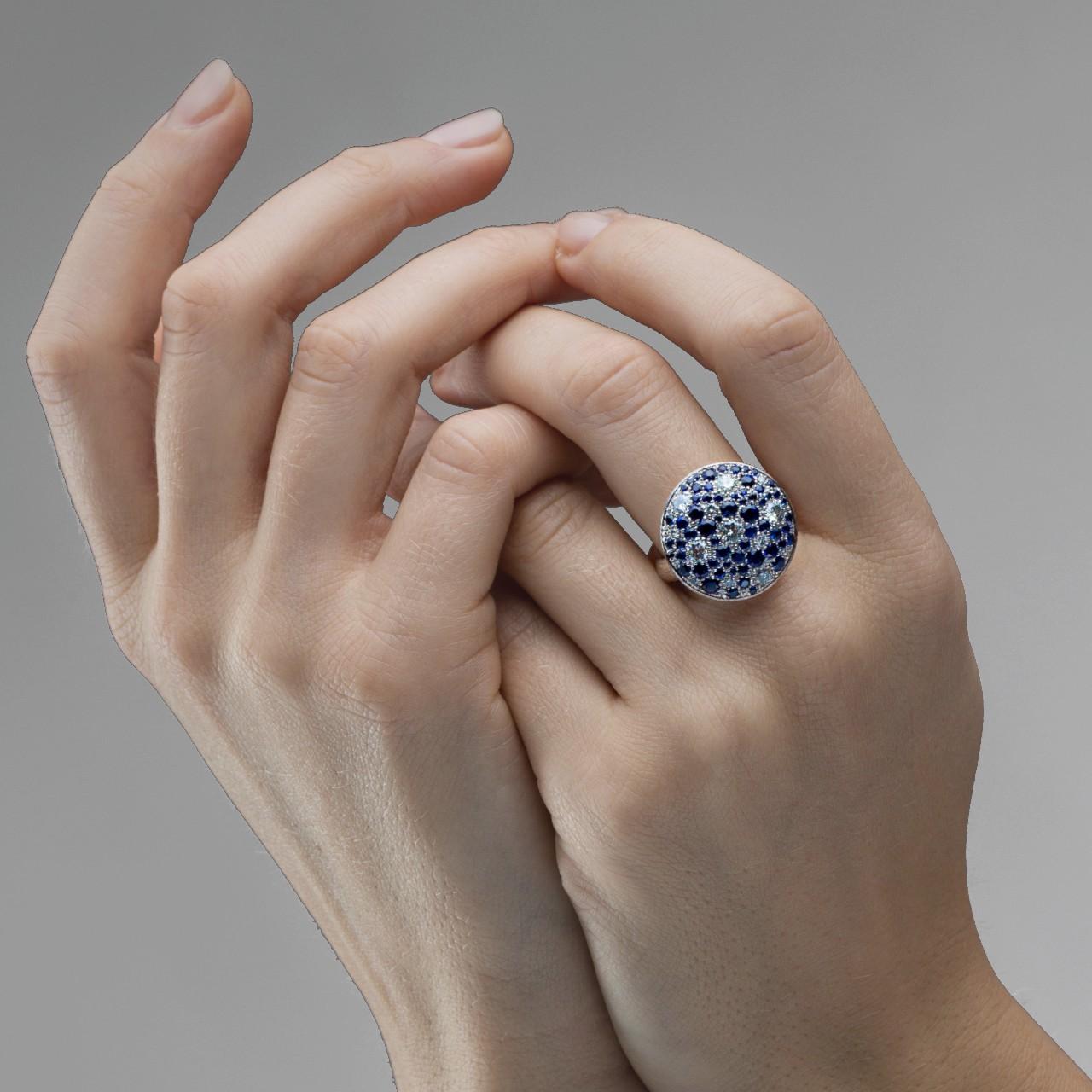 Alex Jona design collection, hand crafted in Italy, 18k white gold pavé ring by Jona featuring 1.95 carats of blue sapphires and 0.80 carats of white diamonds, F color, VVS1 clarity; ring size 7 (can be sized). 

Alex Jona jewels stand out, not only