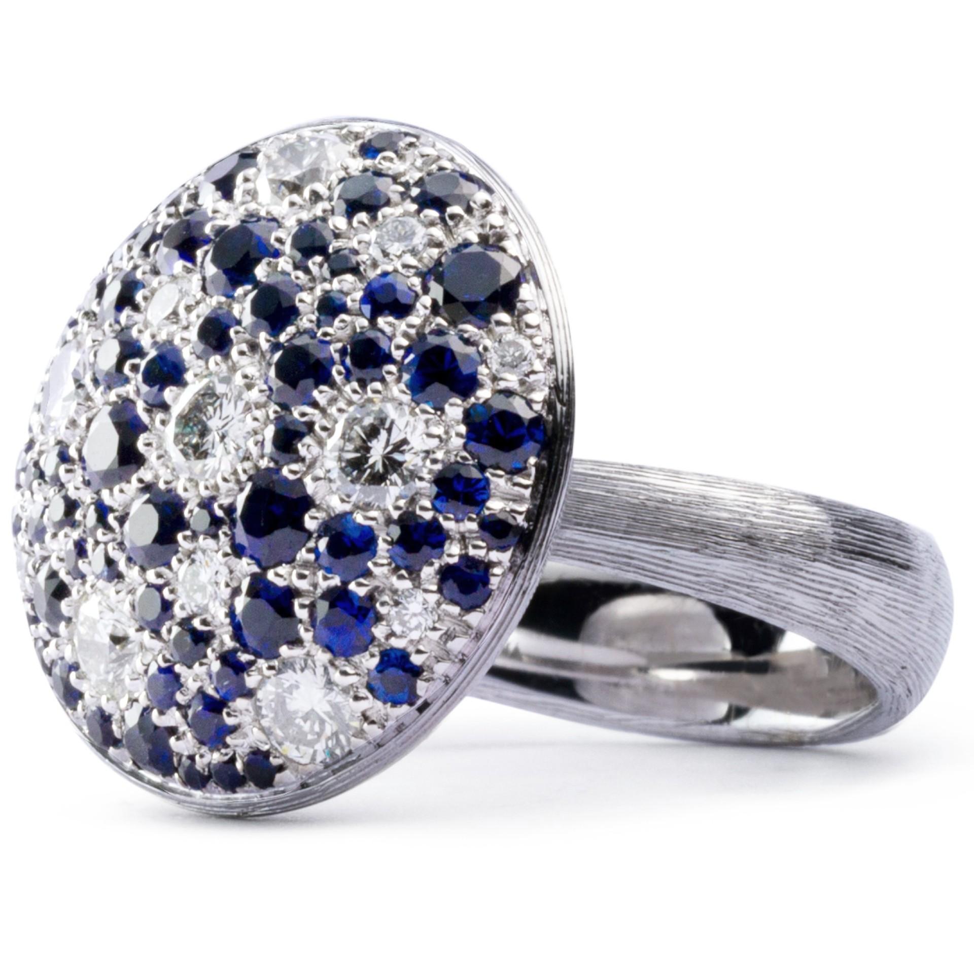 Round Cut Alex Jona Blue Sapphire White Diamond 18 Karat White Gold Ring For Sale