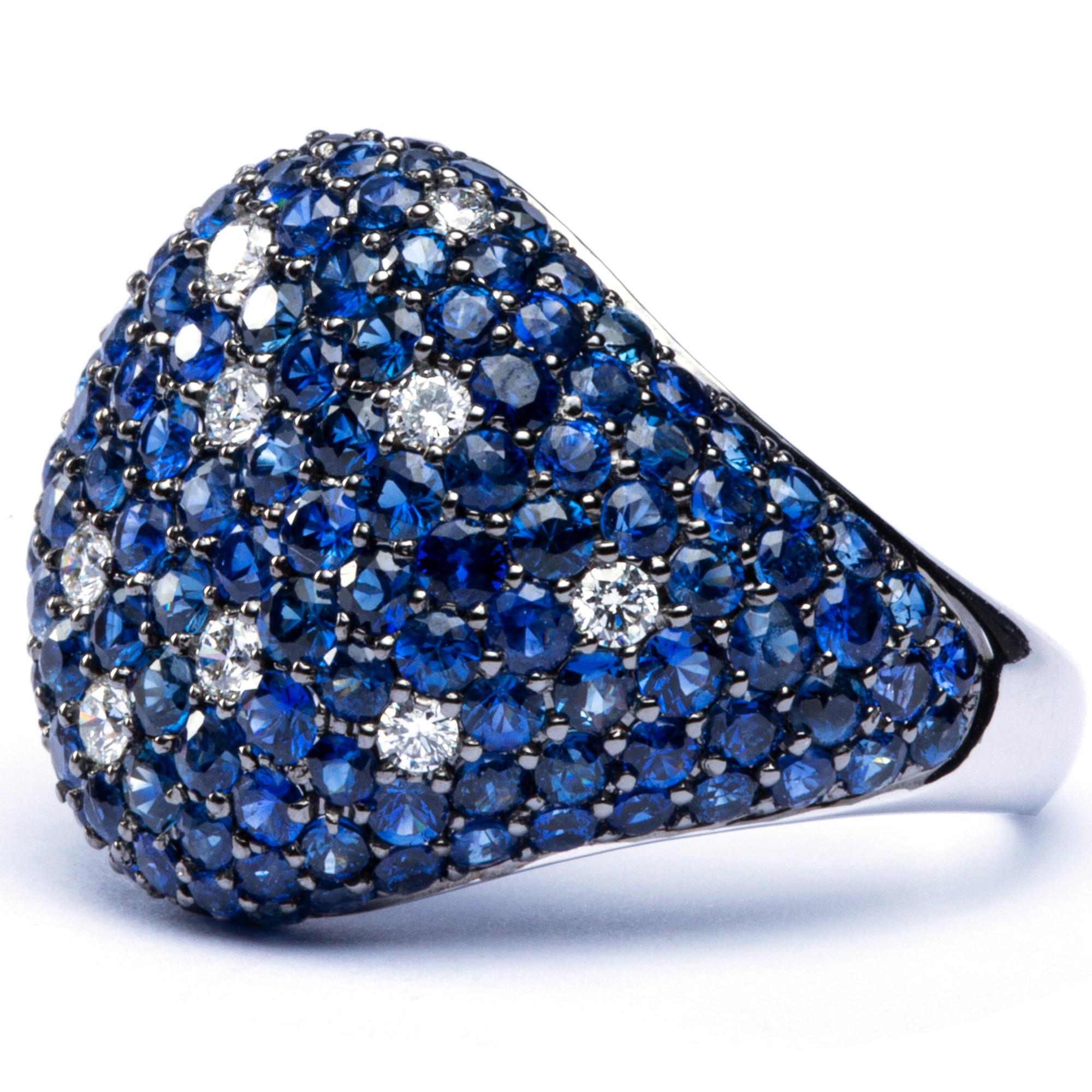 Round Cut Alex Jona Blue Sapphire White Diamond 18 Karat White Gold Signet Ring For Sale