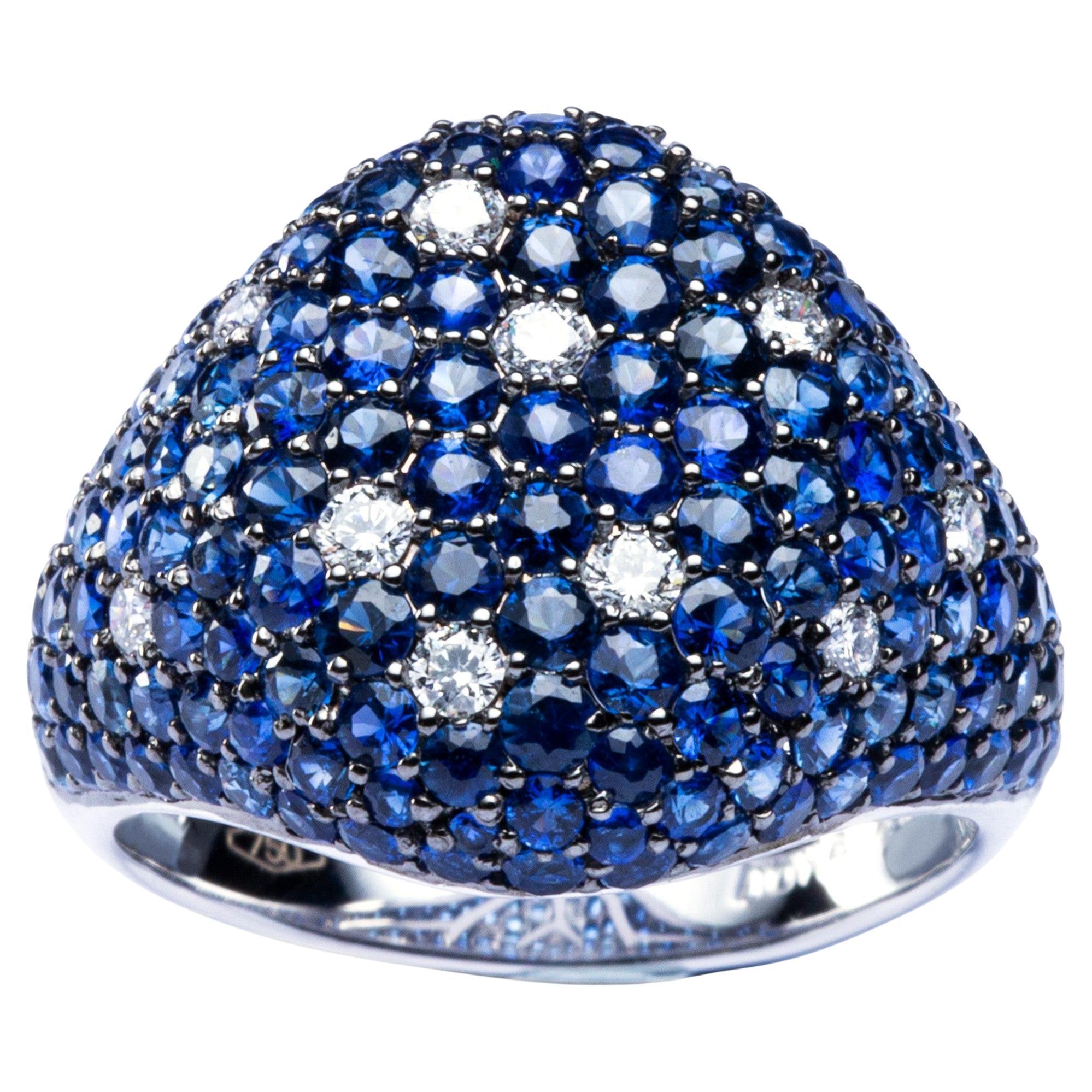 Alex Jona Blue Sapphire White Diamond 18 Karat White Gold Signet Ring For Sale