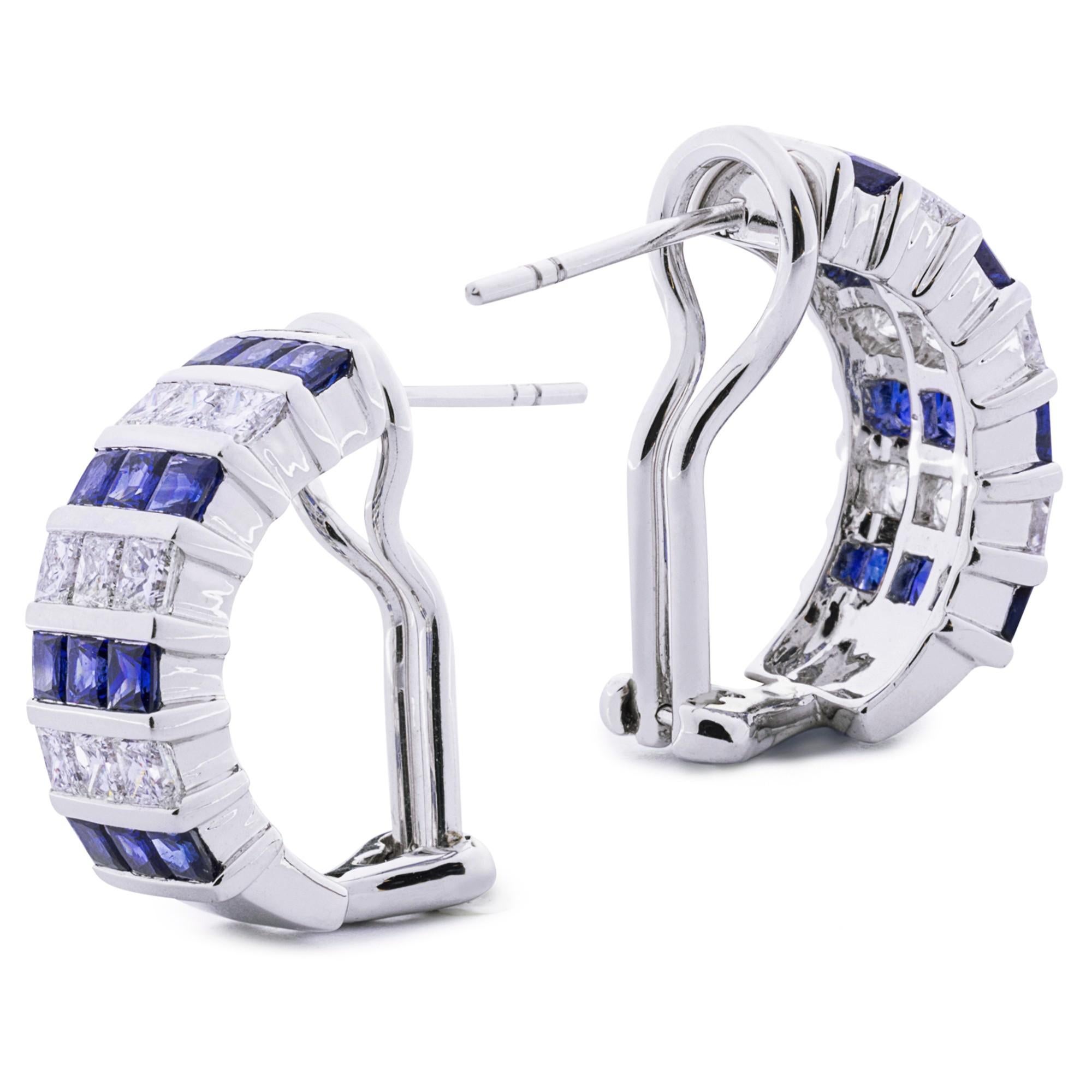 Square Cut Alex Jona Blue Sapphire White Diamond 18 White Gold Clip-On Earrings For Sale