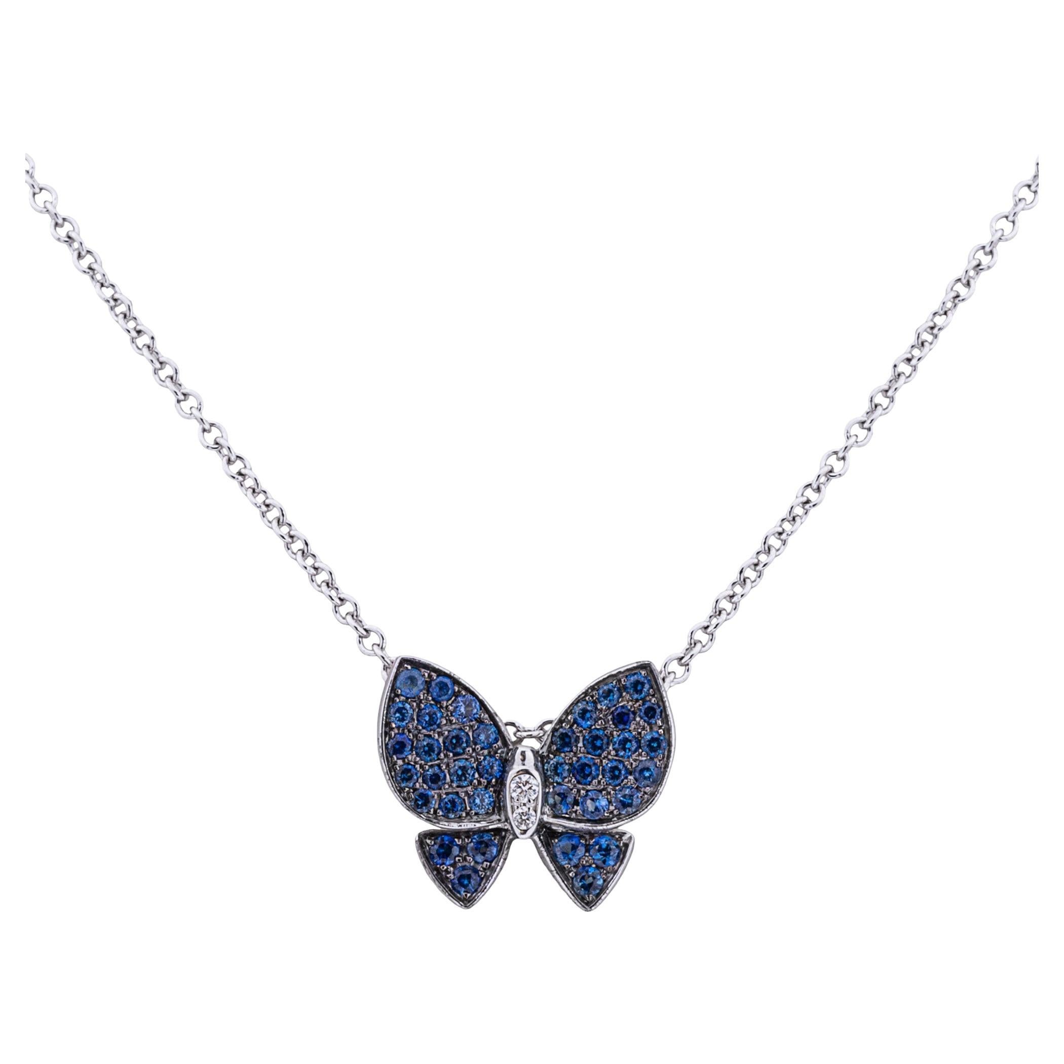 Alex Jona Schmetterlingsanhänger-Halskette mit blauem Saphir und weißem Diamant, 18 Karat Weißgold für Damen oder Herren im Angebot