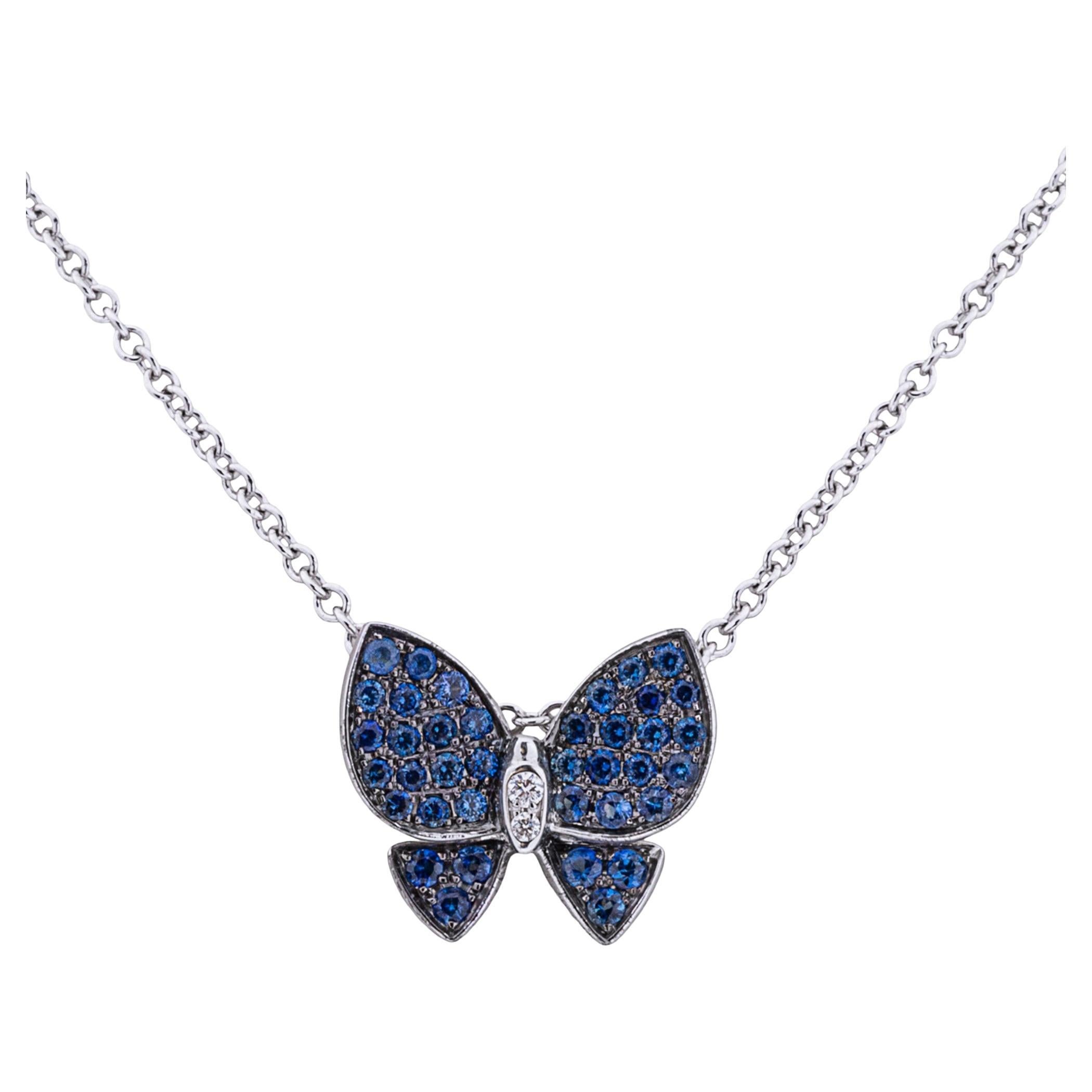 Alex Jona Schmetterlingsanhänger-Halskette mit blauem Saphir und weißem Diamant, 18 Karat Weißgold im Angebot