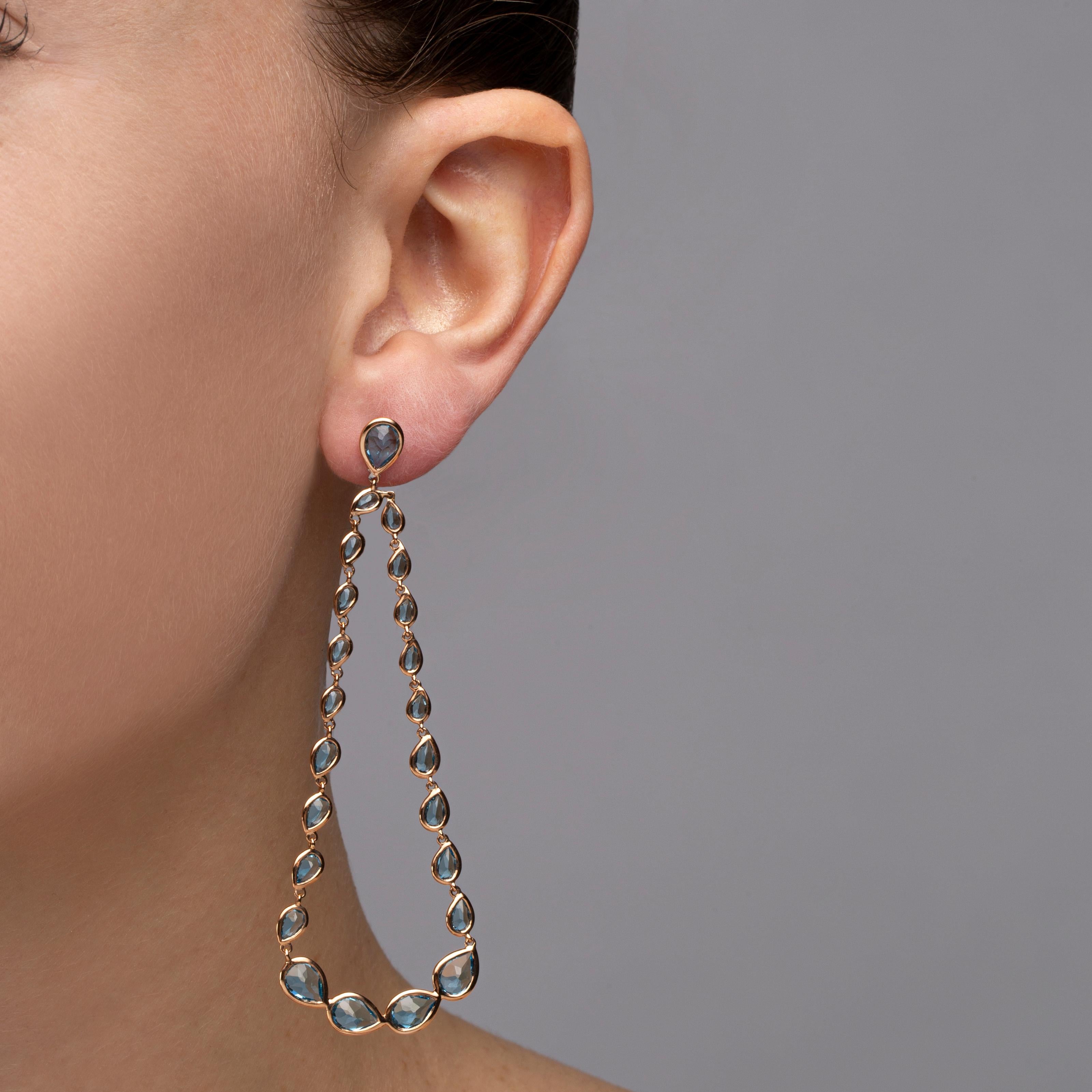 Alex Jona design collection, hand crafted in Italy, pair of 18K rose gold dangle earrings completely articulated, featuring 13.59 carats of rose cut blue topaz drops.

Alex Jona jewels stand out, not only for their special design and for the