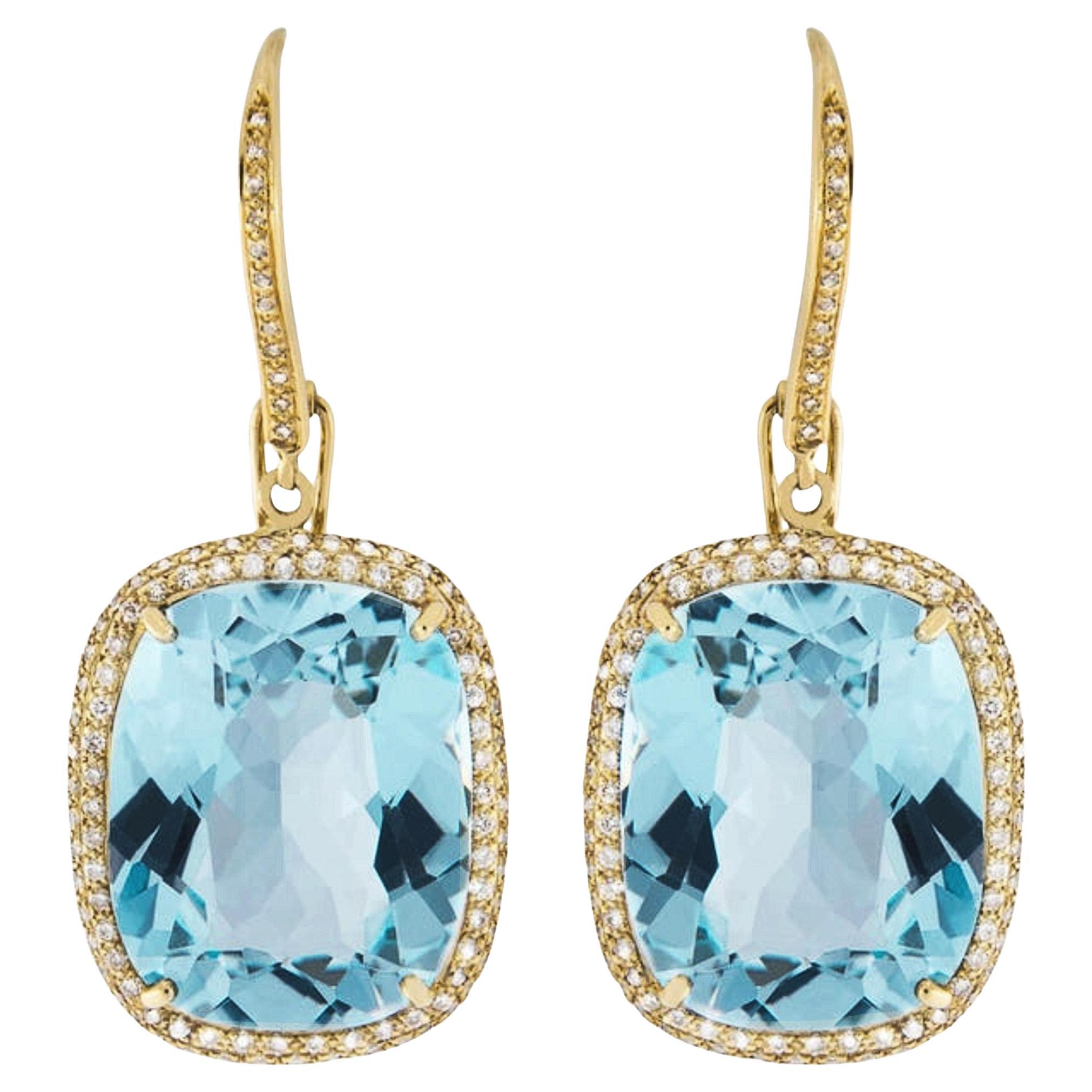 Orecchini pendenti in oro giallo 18 carati con diamante bianco e topazio blu di Alex Jona in vendita