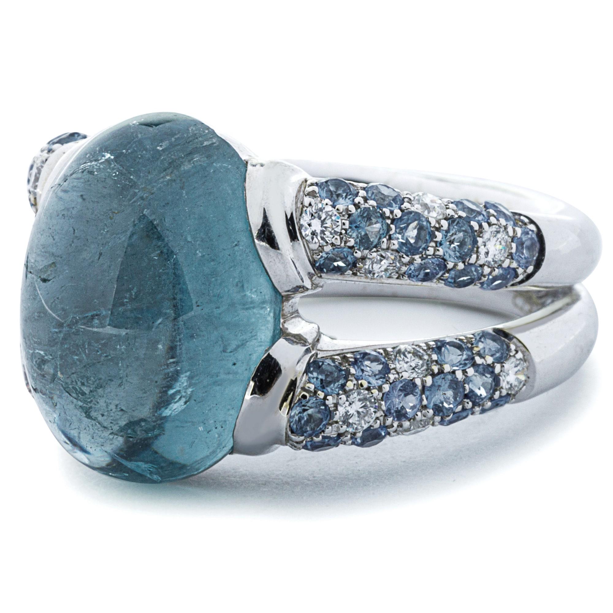 Oval Cut Alex Jona Blue Tourmaline White Diamond 18 Karat White Gold Band Ring For Sale