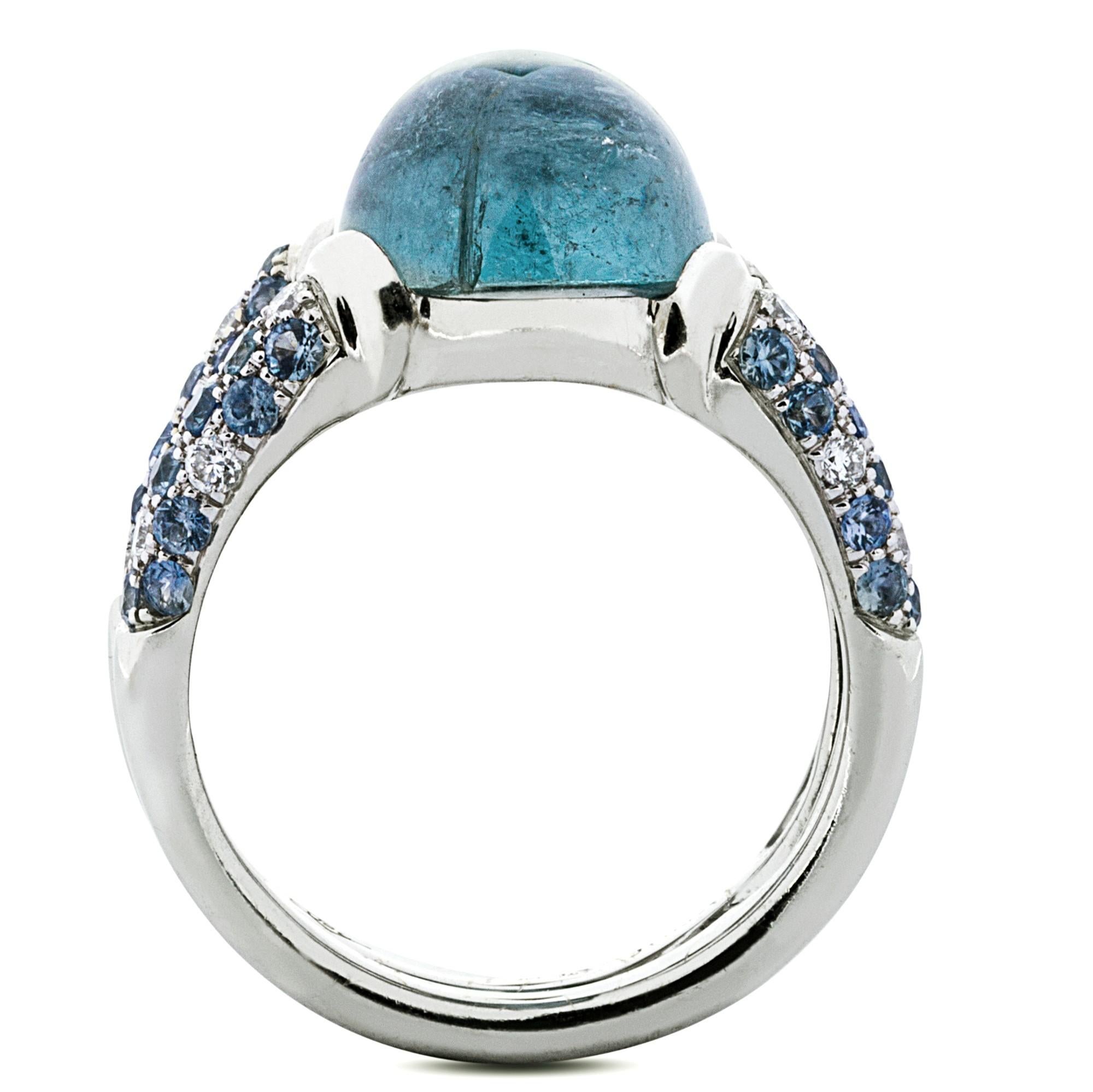 Alex Jona Blue Tourmaline White Diamond 18 Karat White Gold Band Ring For Sale 1