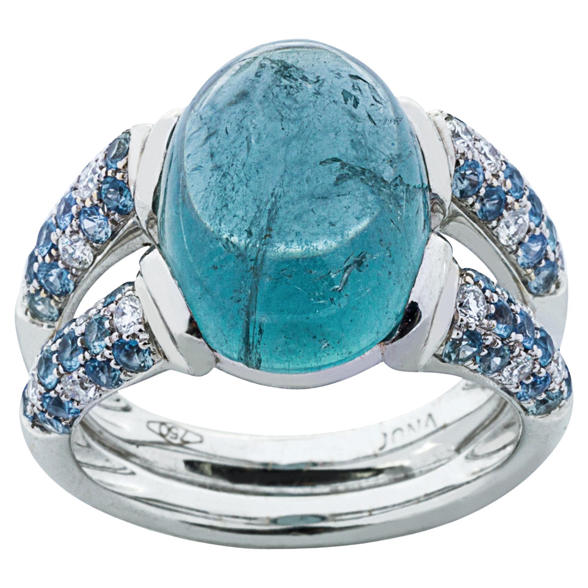 Alex Jona, bague jonc en or blanc 18 carats avec tourmaline bleue et diamant blanc